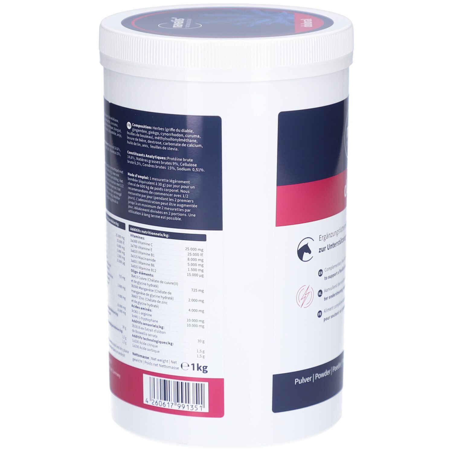 Weißer Behälter mit Etikett. Text mit Inhaltsstoffen und Nährwertangaben. Schwarze Schrift. Rosa Akzent. Gewicht: 1 kg.