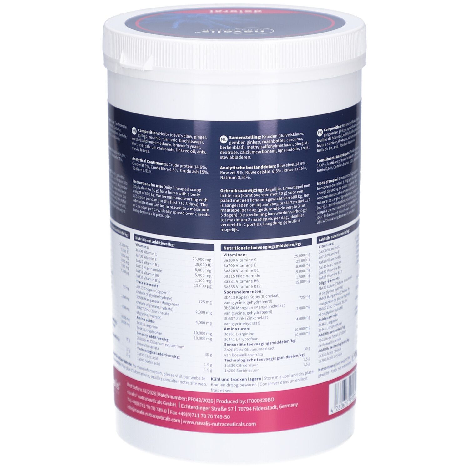 Weißer Behälter mit Etikett. Text mit Inhaltsstoffen und Nährwertangaben. Schwarze Schrift. Rosa Akzent. Herstellerinformationen.