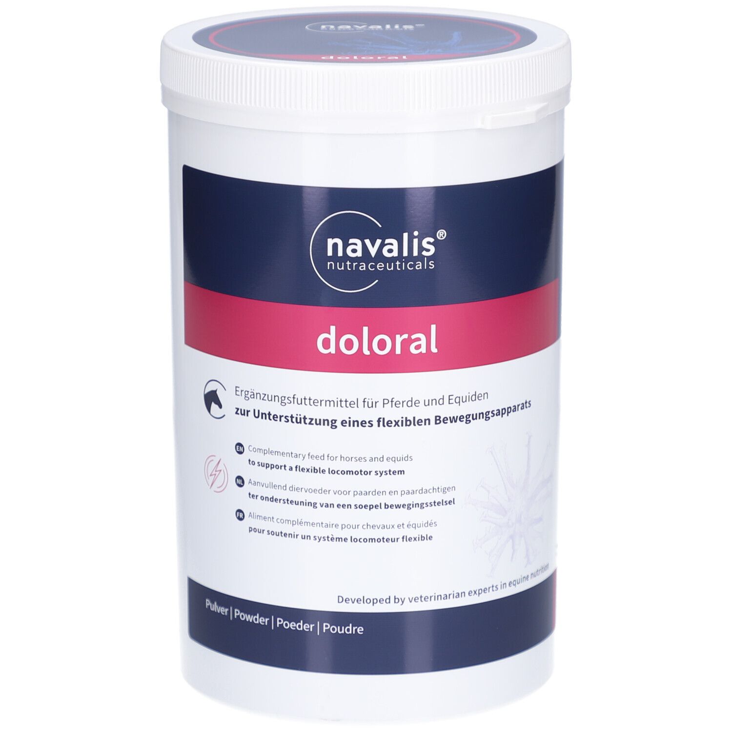 Weißer Behälter mit blauem Deckel. Aufschrift "navalis nutraceuticals" und "doloral". Rosa Akzent. Ergänzungsfuttermittel für Pferde.
