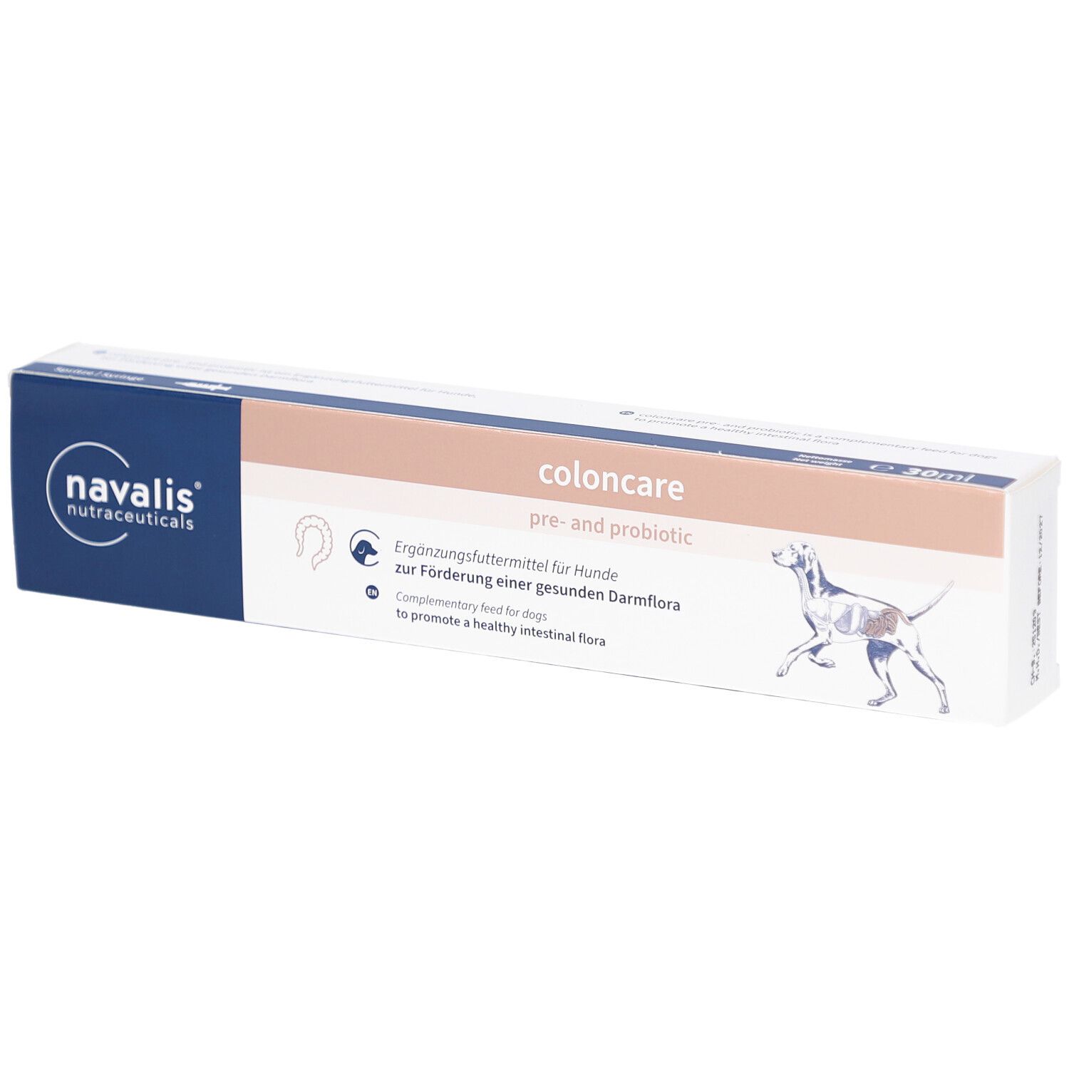 Kartonverpackung von coloncare pre- and probiotic DOG Paste. Logo von navalis nutraceuticals. Text: Ergänzungsfuttermittel für Hunde zur Förderung einer gesunden Darmflora.