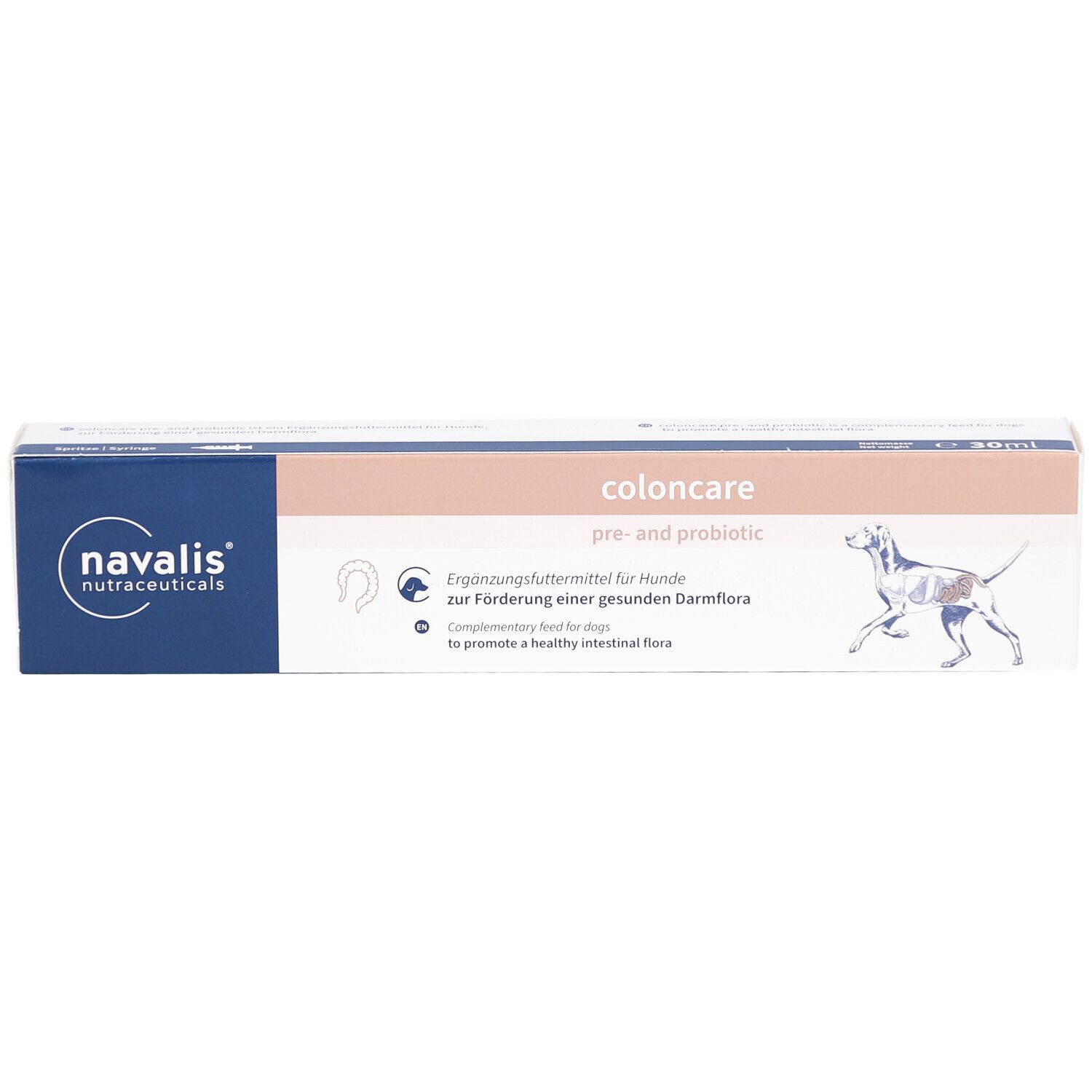 Kartonverpackung von coloncare pre- and probiotic DOG Paste. Logo von navalis nutraceuticals. Text: Ergänzungsfuttermittel für Hunde zur Förderung einer gesunden Darmflora.