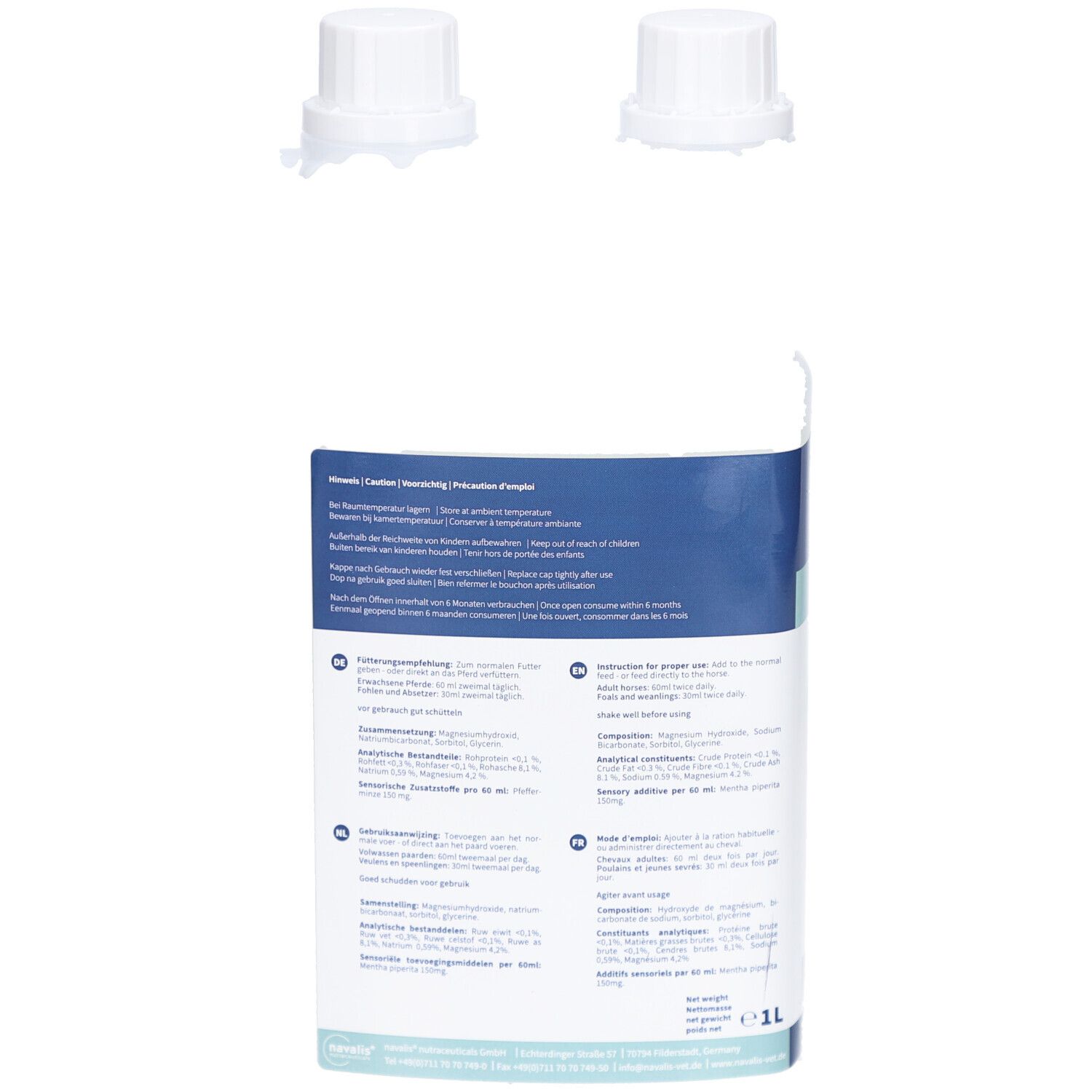 Weißer Behälter mit Text. Enthält Flüssigkeit. Zwei weiße Verschlüsse liegen daneben. Text in Deutsch und Englisch.