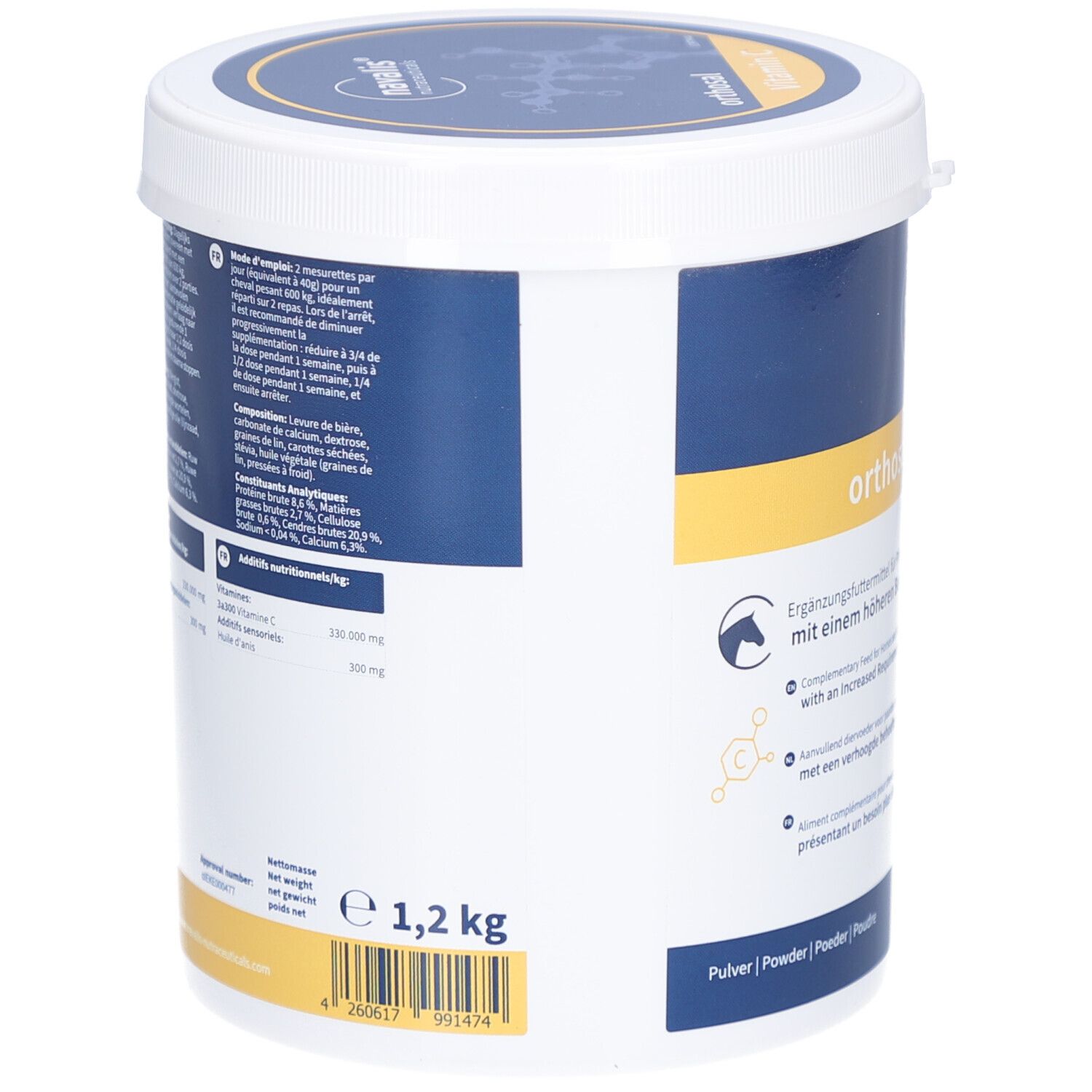 Weißer Eimer, Rückseite. Aufschrift: 1,2 kg. Angaben zu Inhaltsstoffen und Nährwerten. Marke: navalis nutraceuticals.