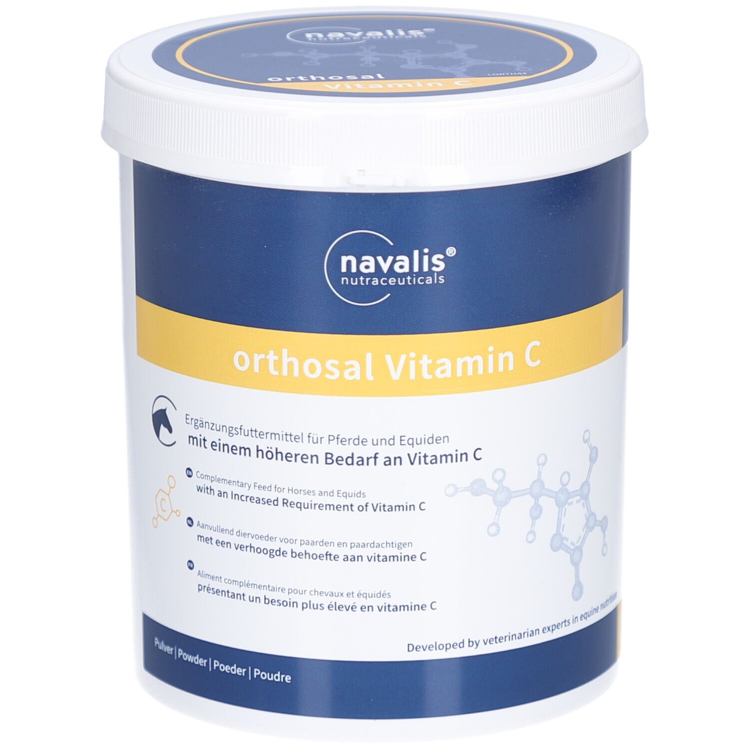 Weißer Eimer mit blauem Deckel. Aufschrift: orthosal Vitamin C. Ergänzungsfuttermittel für Pferde. Marke: navalis nutraceuticals.