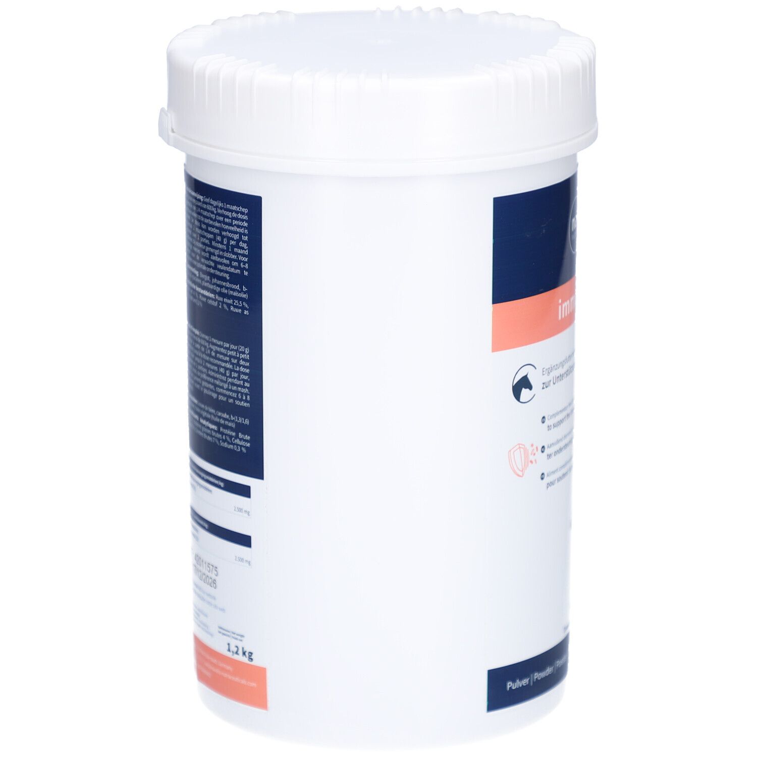 Weißer Behälter mit Deckel. Auf der Seite Text und Informationen. 1,2 kg Gewicht.