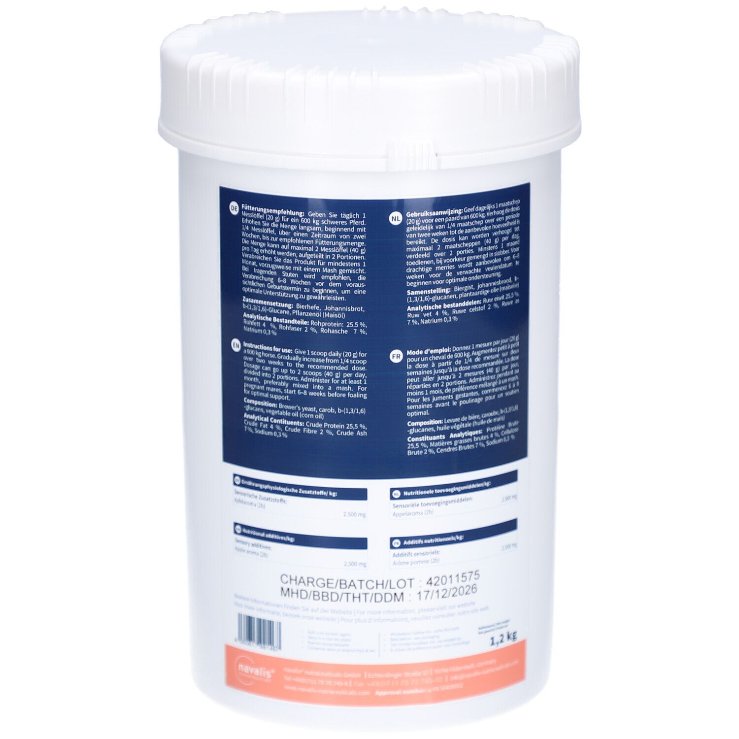 Weißer Behälter mit Deckel. Rückseite mit Text. Charge/Batch-Nr. 42011575, MHD 17/12/2026. 1,2 kg.
