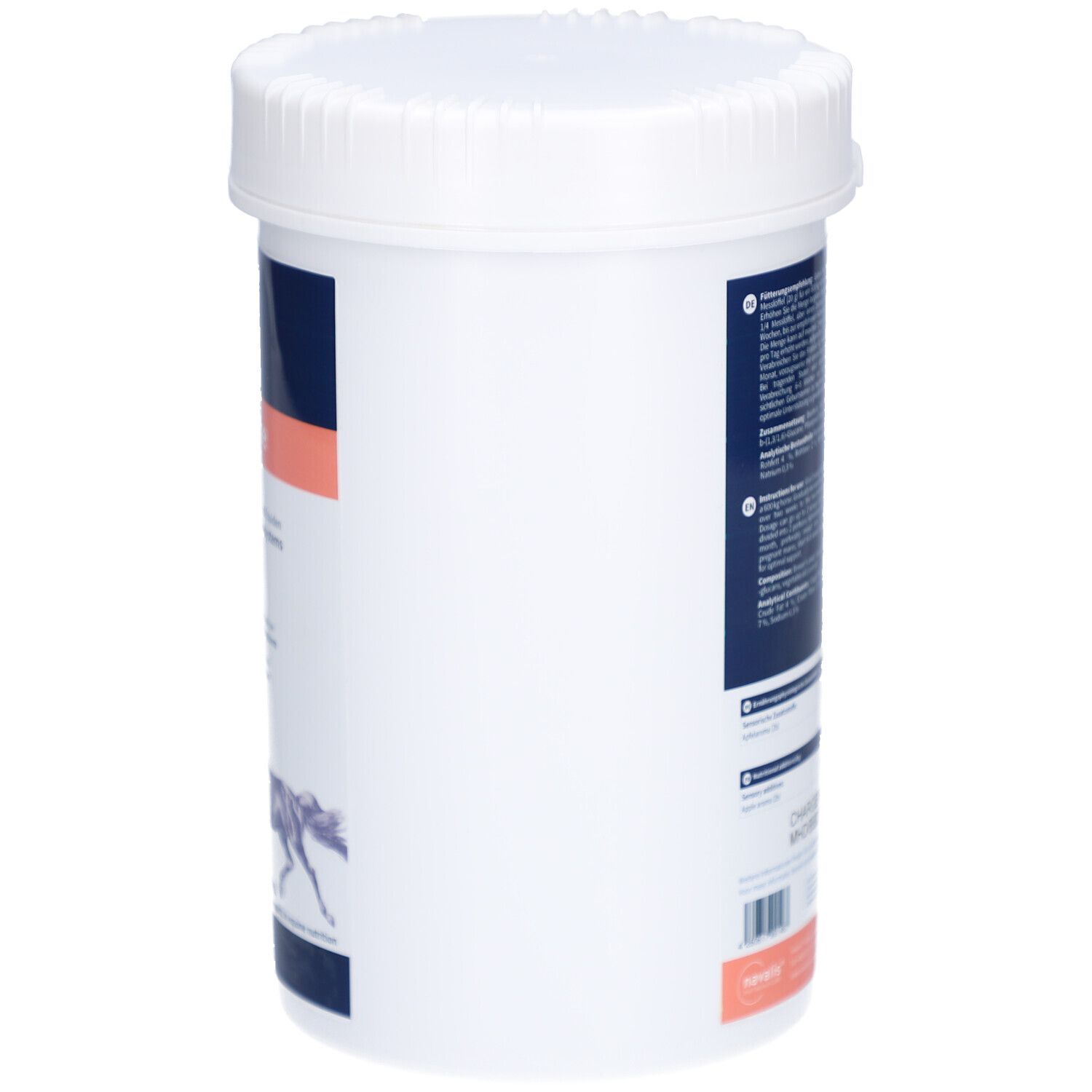 Weißer Behälter mit Deckel. Auf der Seite Text und Informationen.