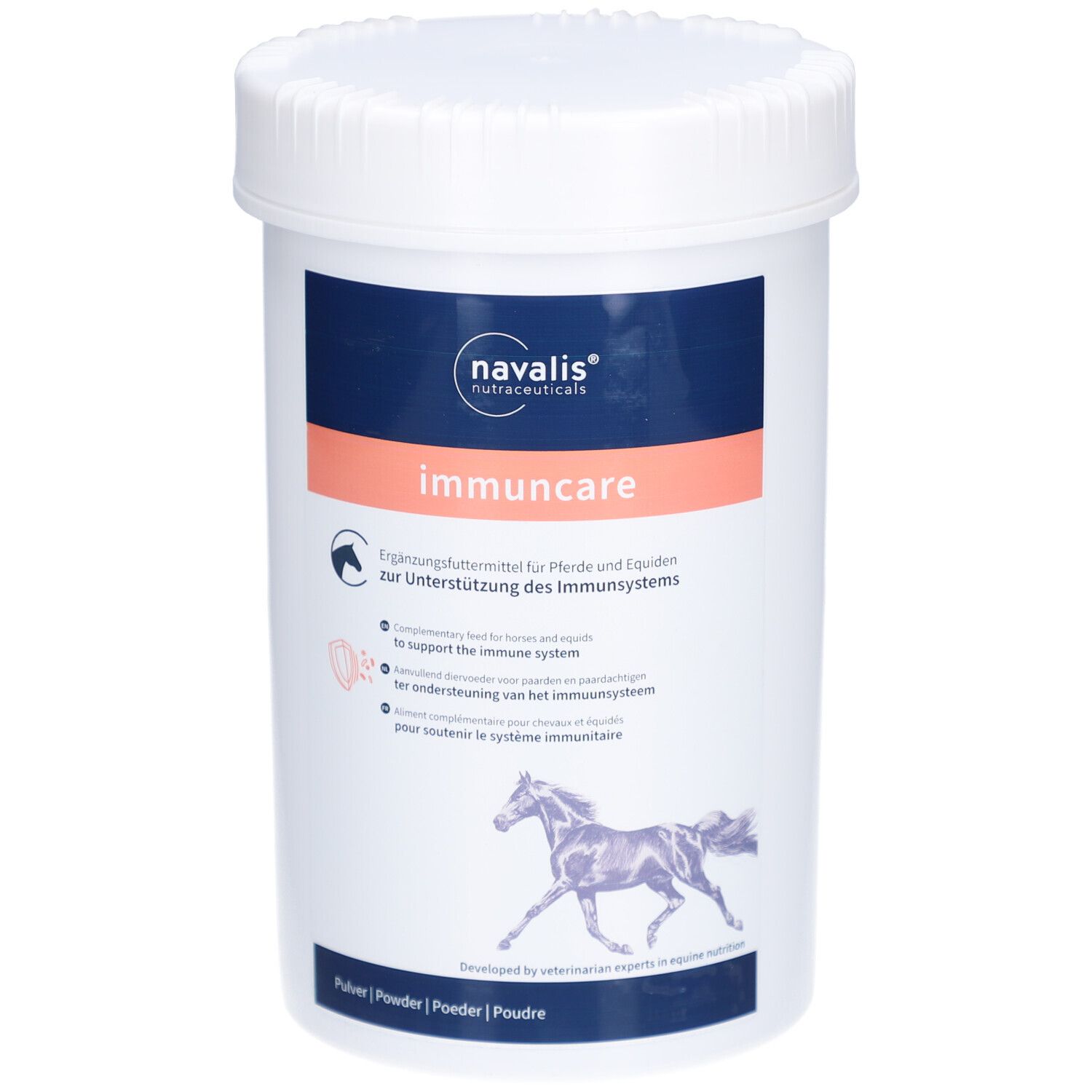 Weißer Behälter mit Deckel. Aufschrift: immuncare, navalis. Zusatzfutter für Pferde. Mit Pferdeabbildung.
