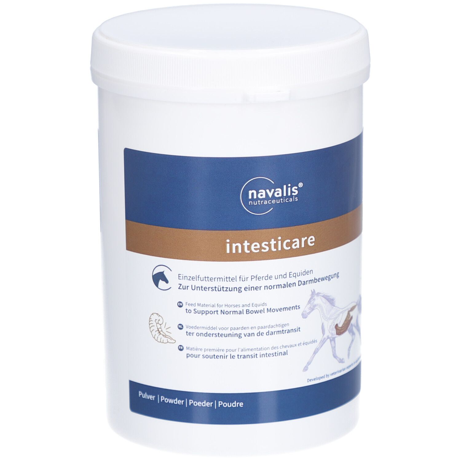 Weißer Behälter mit blau-brauner Beschriftung. Text: intesticare, navalis, Pulver. Abbildung eines Pferdes.