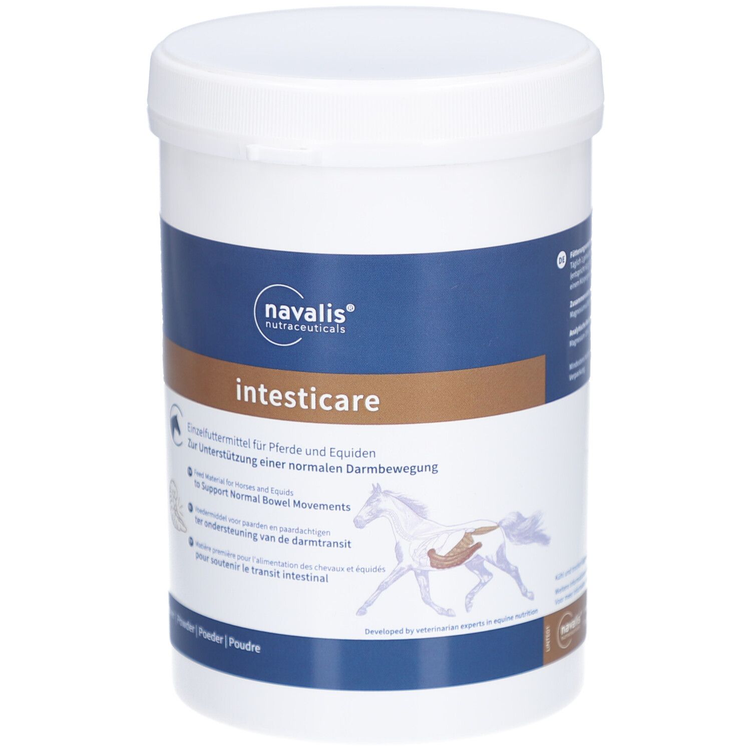 Weißer Behälter mit blau-brauner Beschriftung. Text: intesticare, navalis, Pulver. Abbildung eines Pferdes.