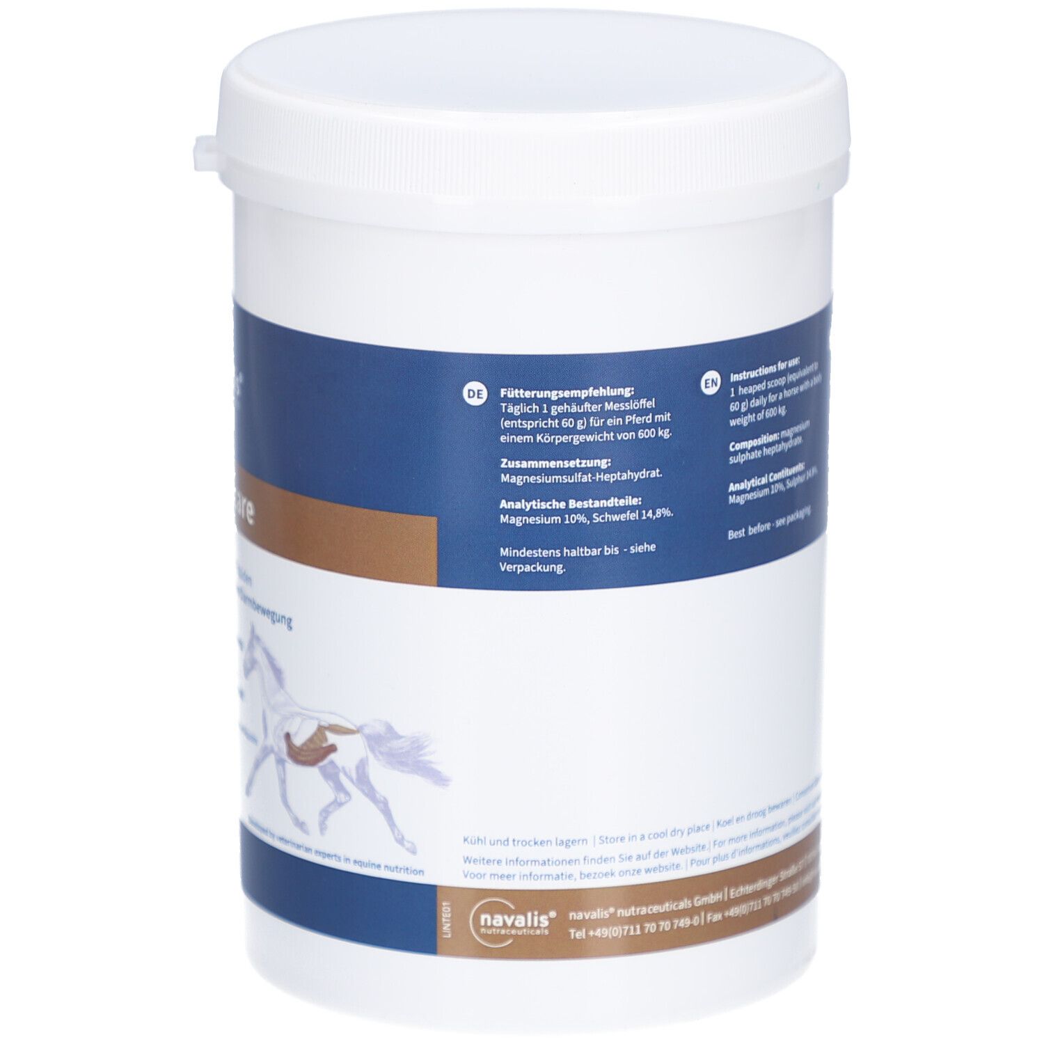 Weißer Behälter mit Text: intesticare, navalis. Braune und blaue Beschriftung. Abbildung eines Pferdes.