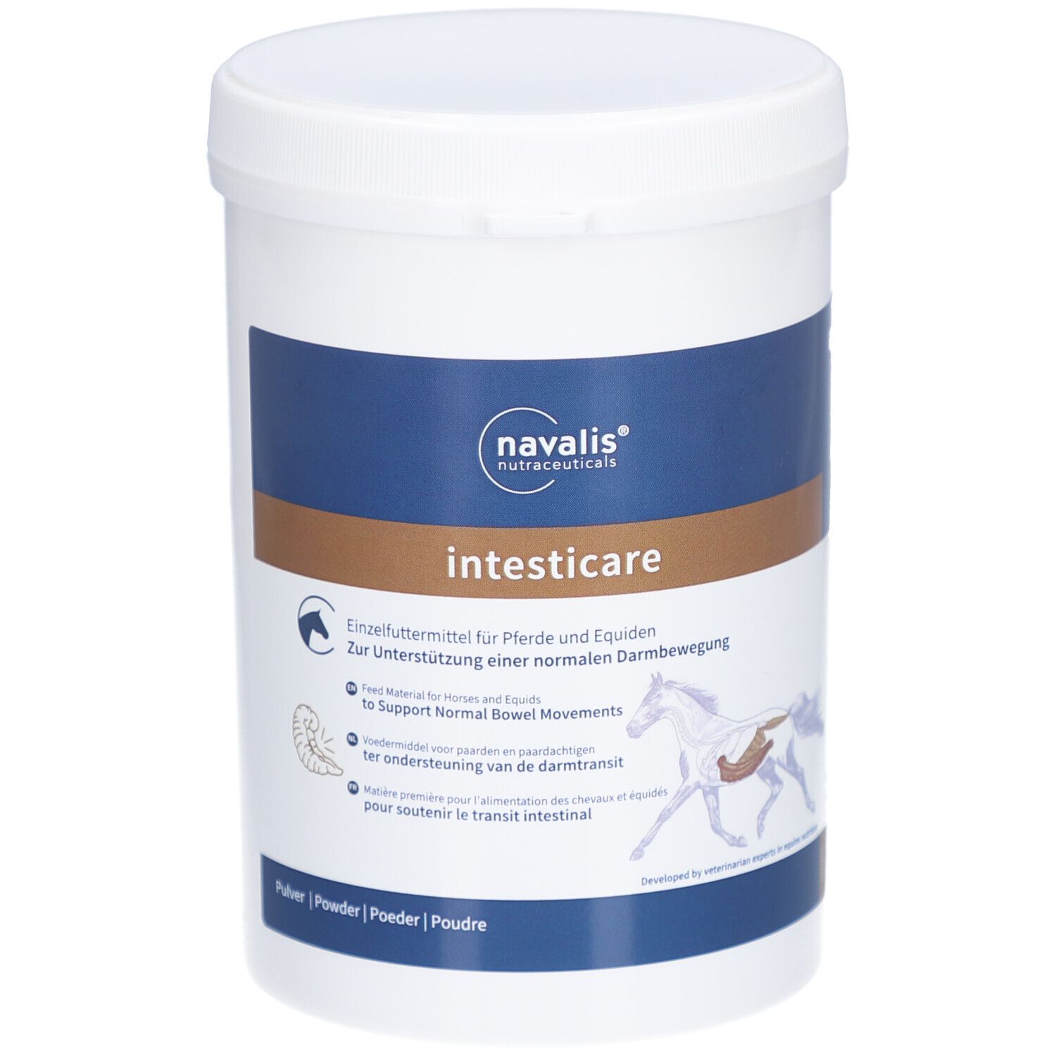 Weißer Behälter mit blau-brauner Beschriftung. Text: intesticare, navalis, Pulver. Abbildung eines Pferdes.