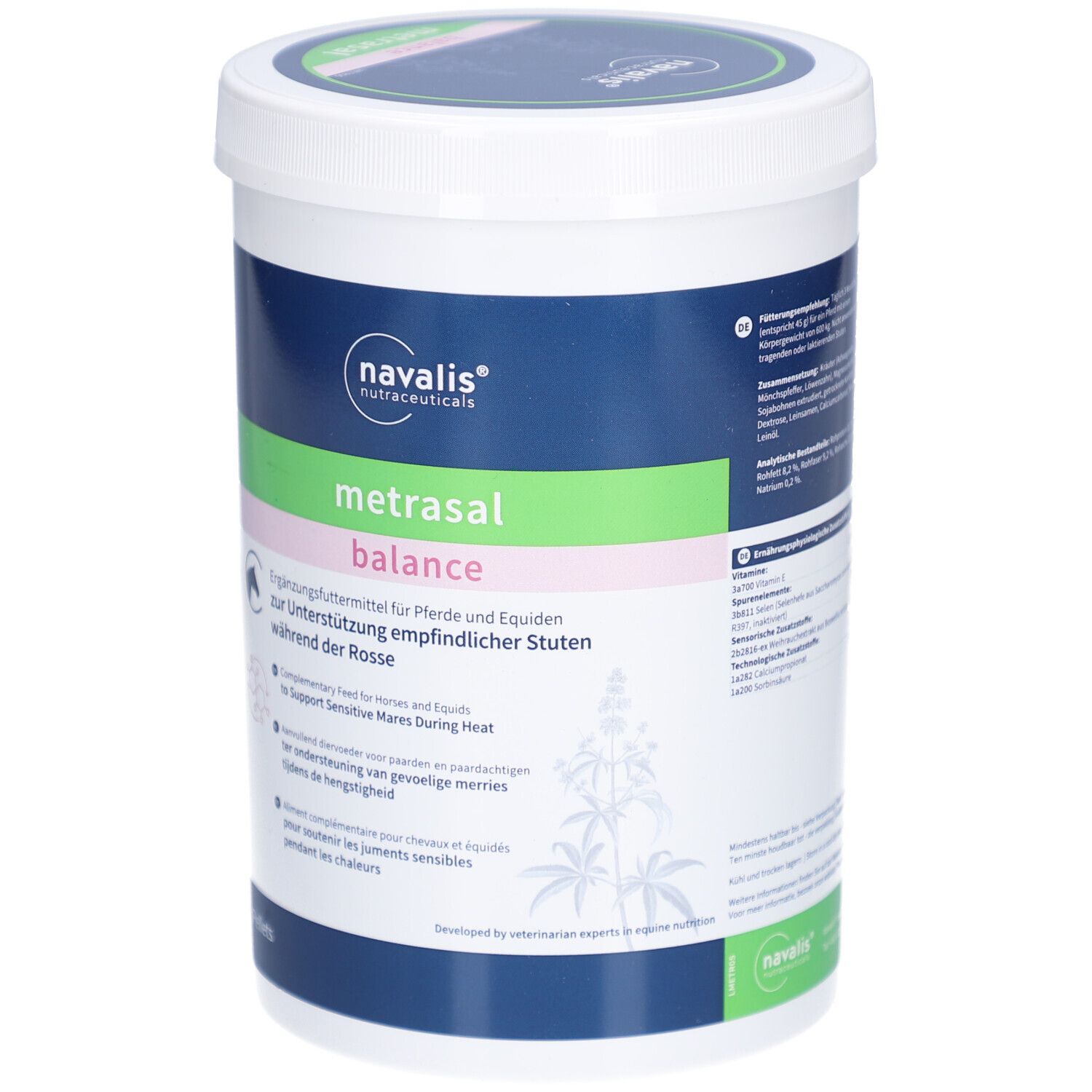 Weißer Eimer mit blau-grüner Beschriftung. Aufschrift: metrasal balance. Ergänzungsfuttermittel für Pferde.