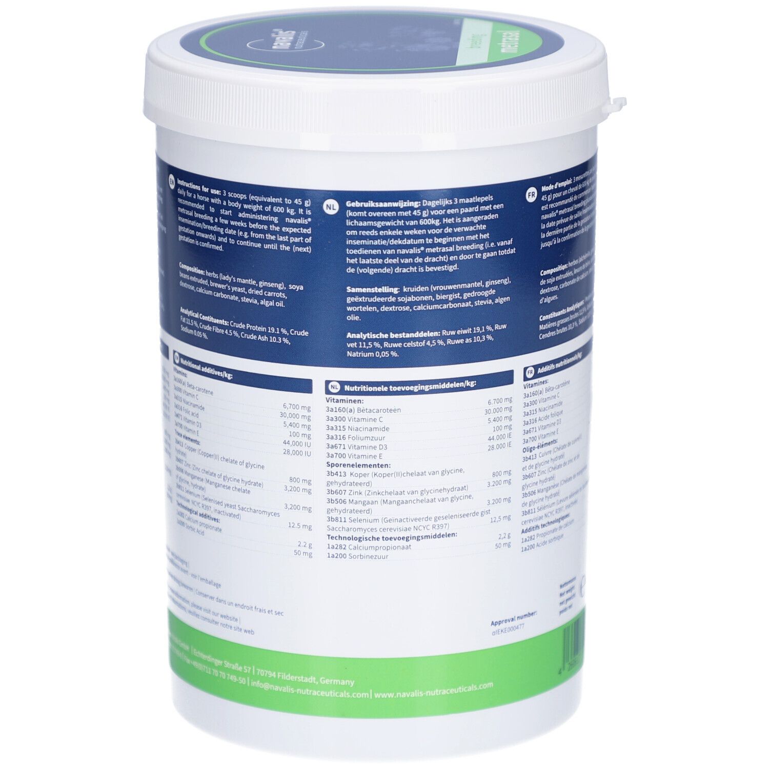 Weißer Eimer, Rückseite mit Text. Metrasal breeding Pellets. Fütterungsempfehlung und Nährwertangaben. Text in Deutsch, Englisch, Niederländisch.