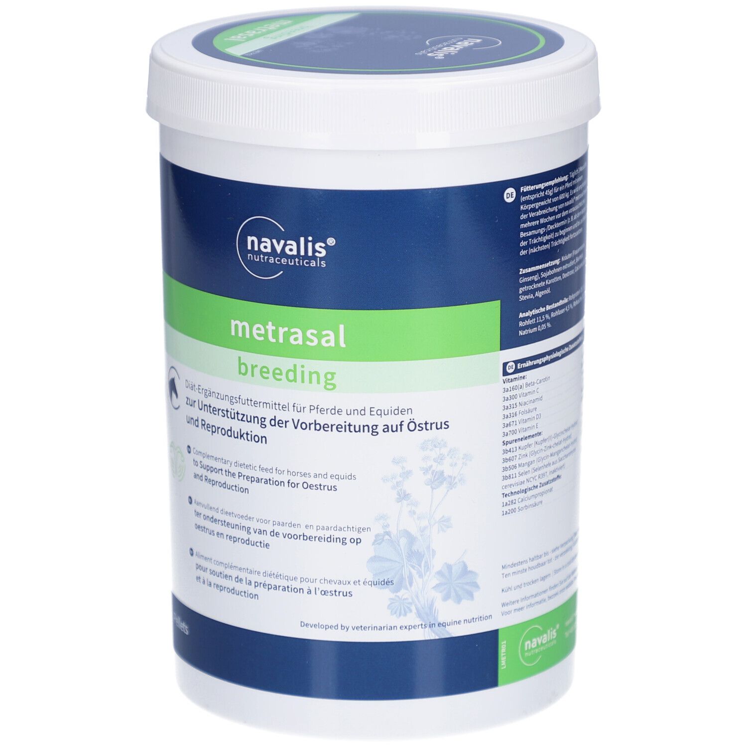 Weißer Eimer mit grün-blauer Beschriftung. Metrasal breeding Pellets. Navalis Logo. Text in Deutsch, Englisch, Niederländisch und Französisch.