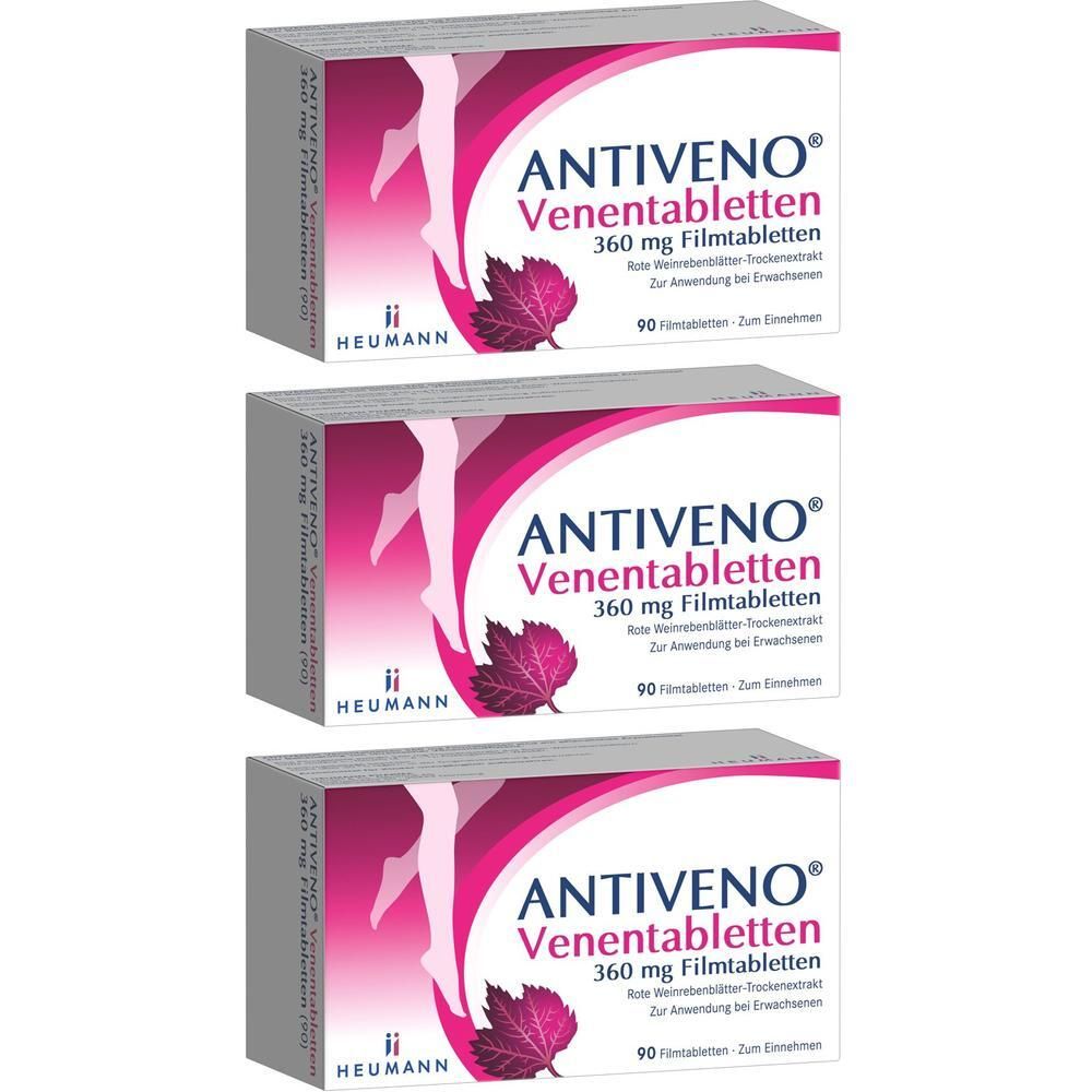 Drei Schachteln ANTIVENO® Venentabletten. Aufdruck: 360 mg Filmtabletten, 90 Filmtabletten. Marke: HEUMANN. Abbildung: Bein mit Venen.