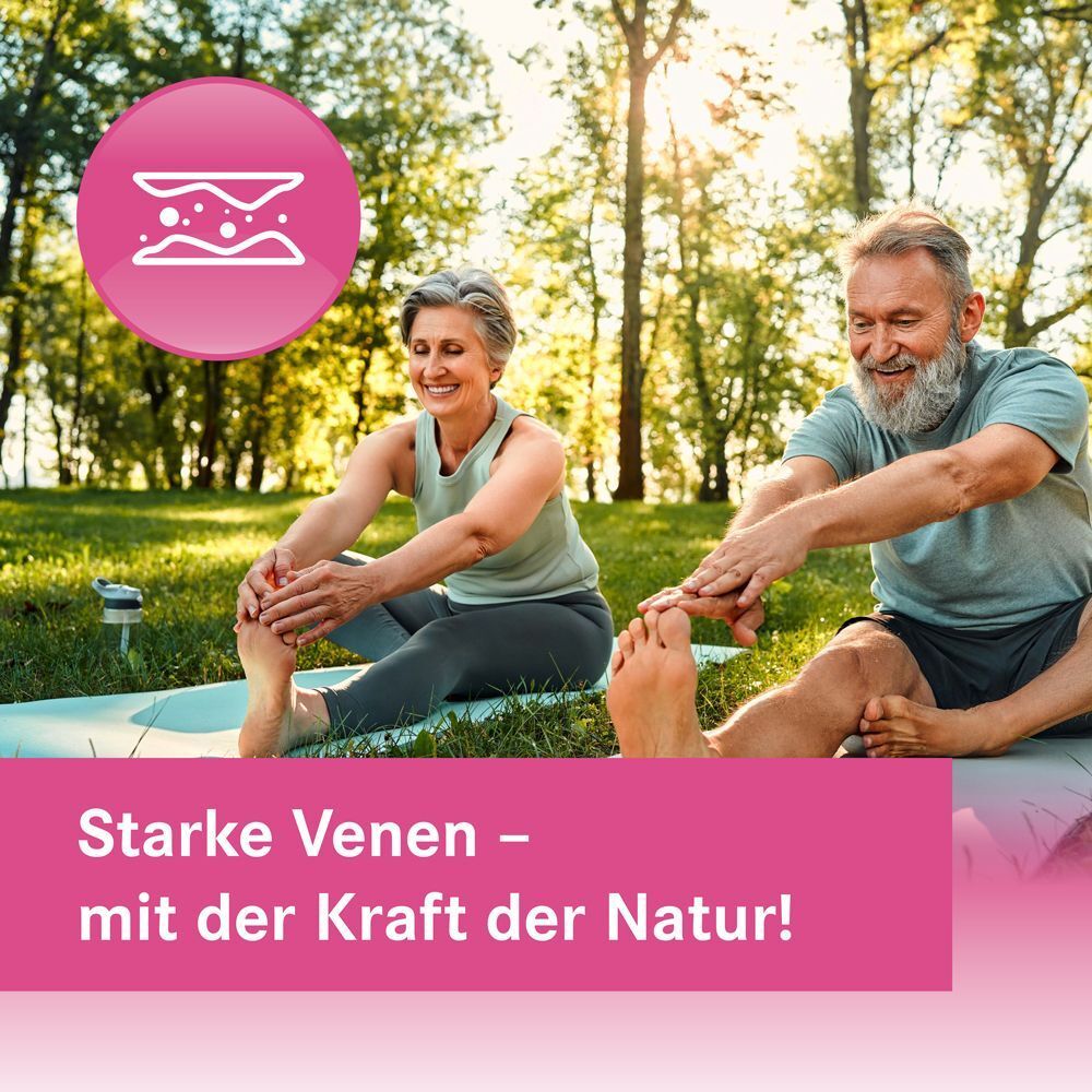 Älteres Paar beim Dehnen im Park. Rosa Banner mit Text: Starke Venen – mit der Kraft der Natur!