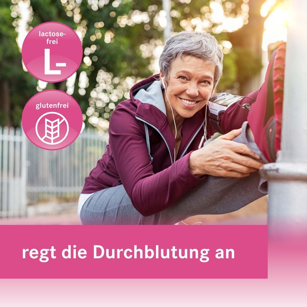 Frau beim Dehnen. Rosa Banner mit Text: regt die Durchblutung an. Logos: laktosefrei, glutenfrei.