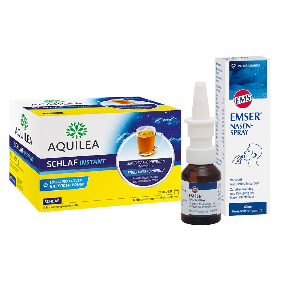 AQUILEA Schlaf Instant Packung und EMSER Nasenspray. Packung mit Pulver, Flasche mit Sprühkopf und Karton. Text: Schlaf, Nasenspray.