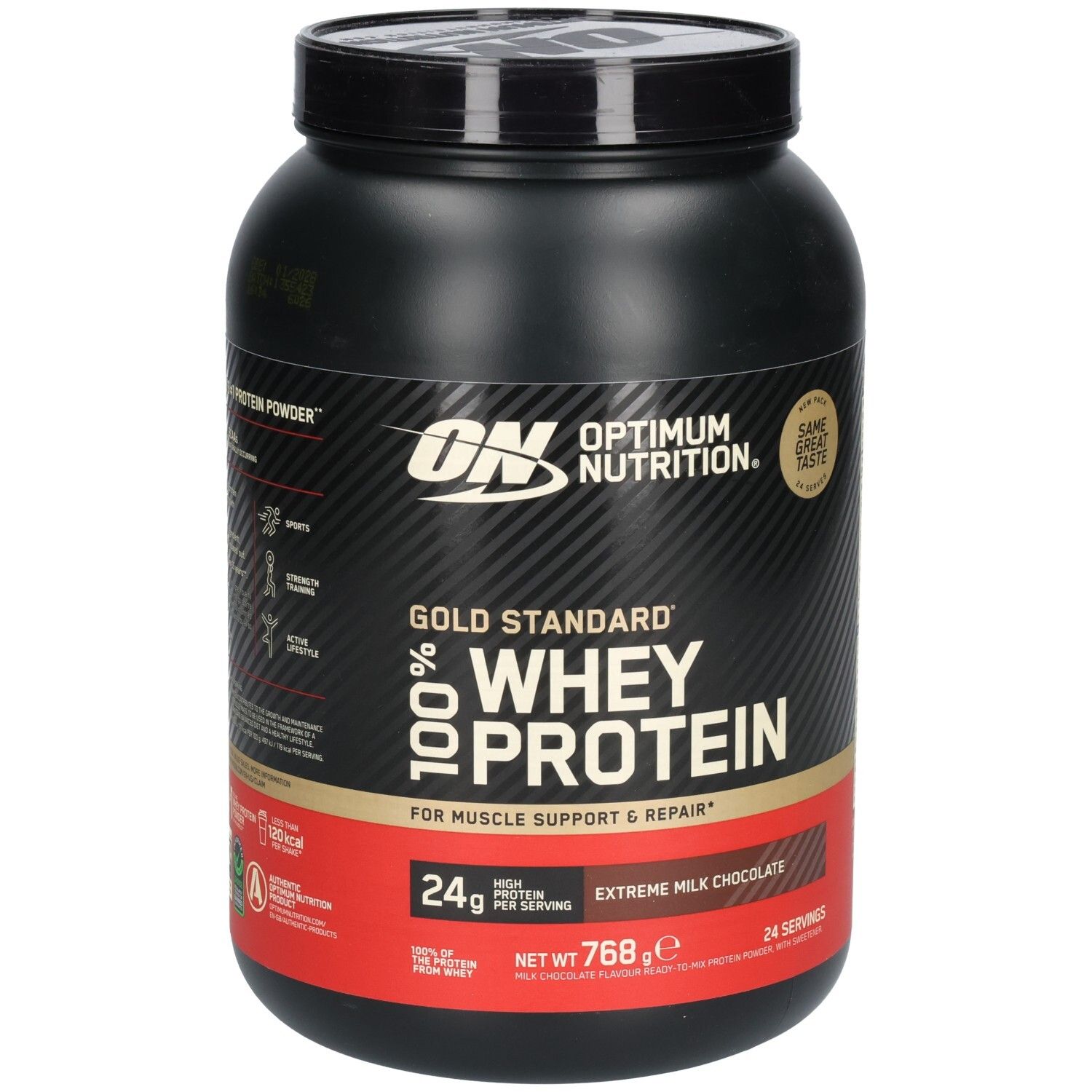 Schwarze Dose mit "Optimum Nutrition" und "Gold Standard 100% Whey Protein". Roter Streifen mit "Extreme Milk Chocolate".