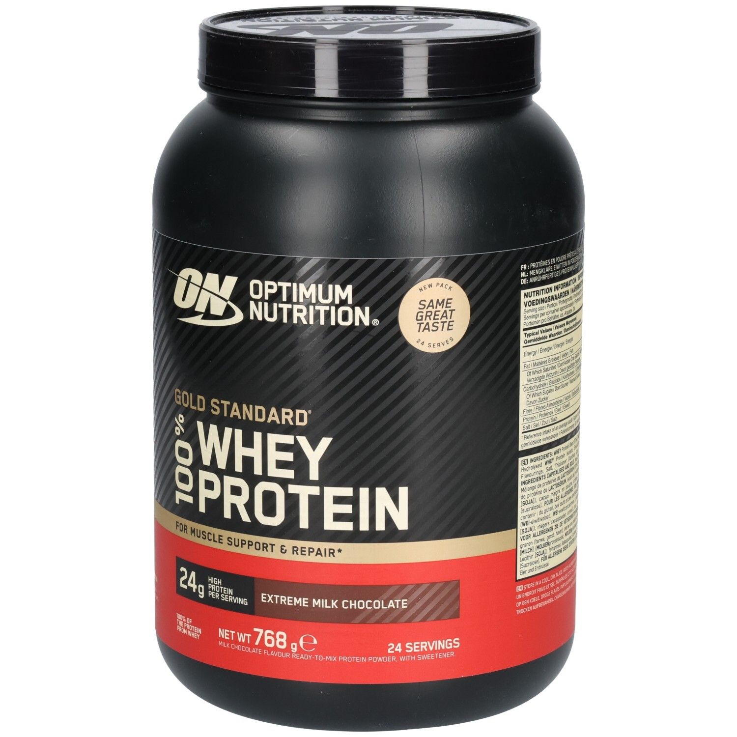 Schwarze Dose mit "Optimum Nutrition" und "Gold Standard 100% Whey Protein". Roter Streifen mit "Extreme Milk Chocolate".