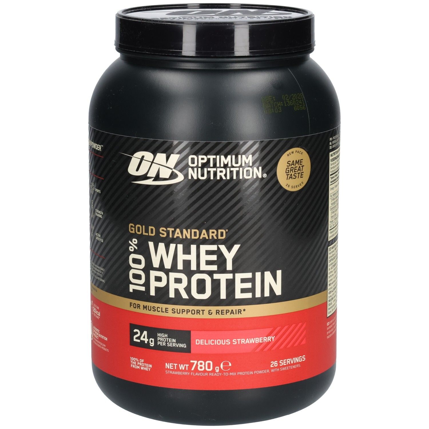 Schwarze Dose mit ON-Logo und Aufschrift "Gold Standard 100% Whey Protein". Erdbeergeschmack. 780g.