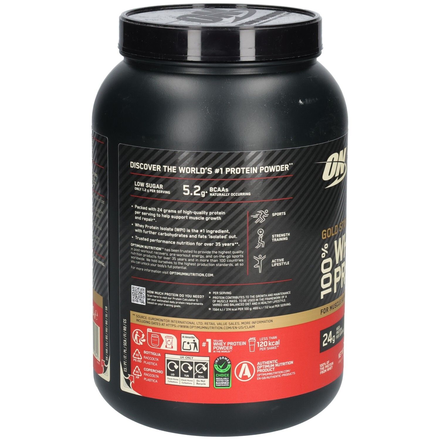 Rückseite der schwarzen Dose mit Informationen zu "Optimum Nutrition Gold Standard Whey Protein". Enthält Informationen zu BCAAs und Nährwerten.