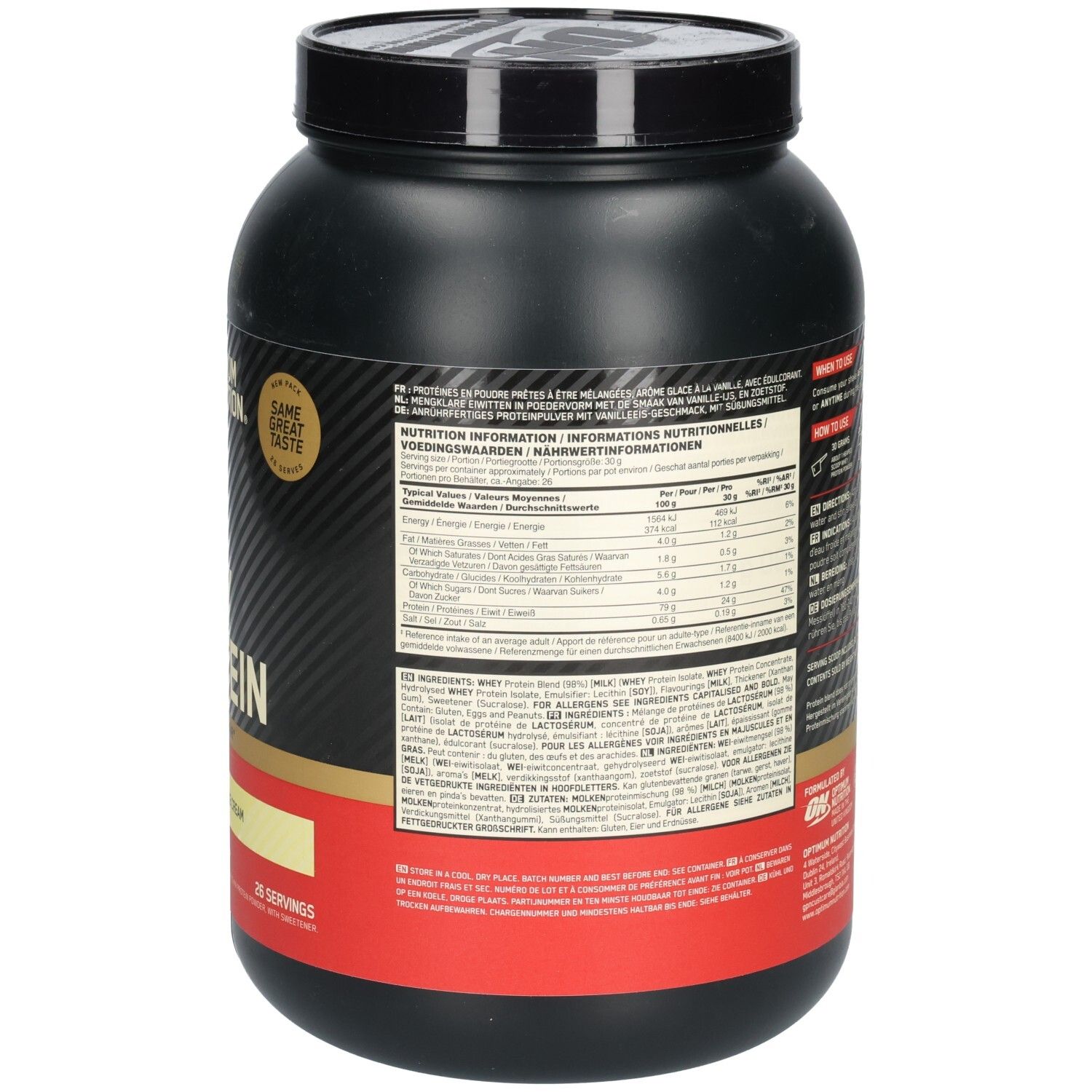 Rückseite der schwarzen Dose mit Nährwertangaben von "Optimum Nutrition Gold Standard Whey Protein". Enthält Informationen zu Inhaltsstoffen.