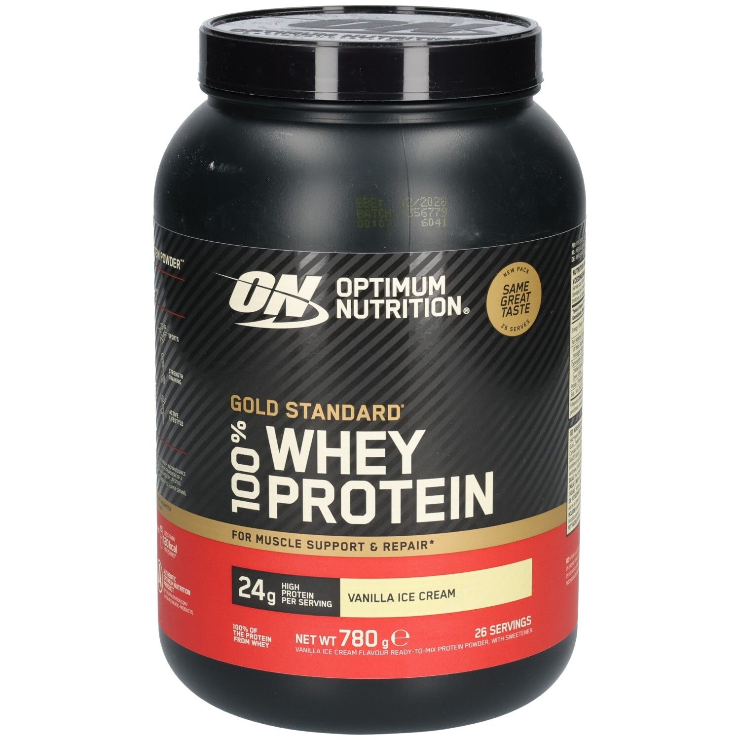 Schwarze Dose mit "Optimum Nutrition" und "Gold Standard 100% Whey Protein" Aufdruck. Geschmack: Vanilla Ice Cream. 780g.