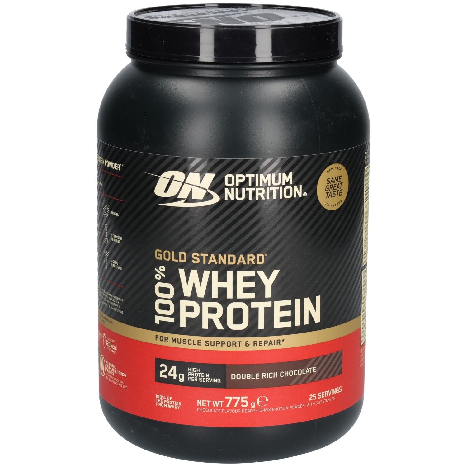 Schwarze Dose mit Gold Standard 100% Whey Protein. Aufschrift: Double Rich Chocolate, 24g Protein, 775g, 25 Portionen.