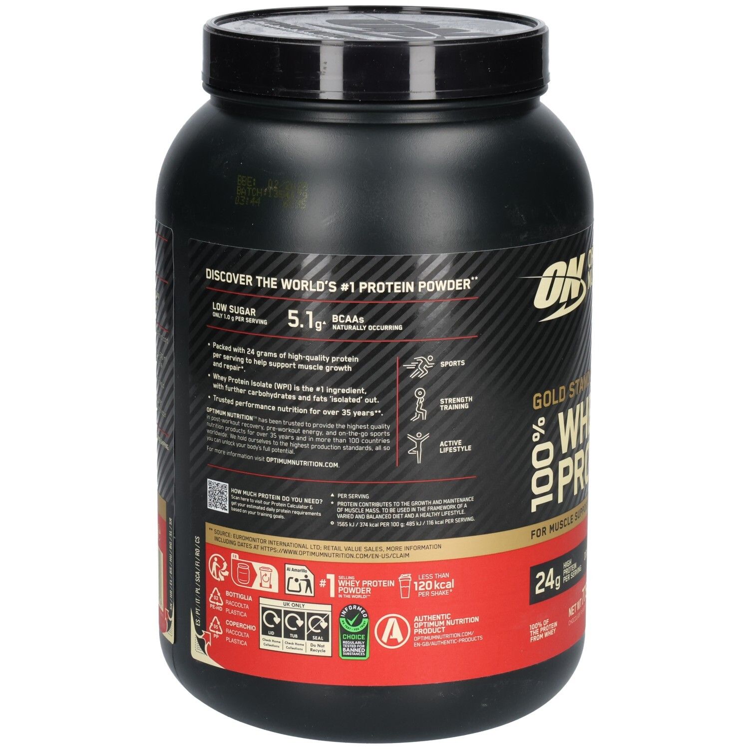 Rückseite der schwarzen Dose Gold Standard 100% Whey Protein. Enthält Informationen zu Inhaltsstoffen und Nährwerten.