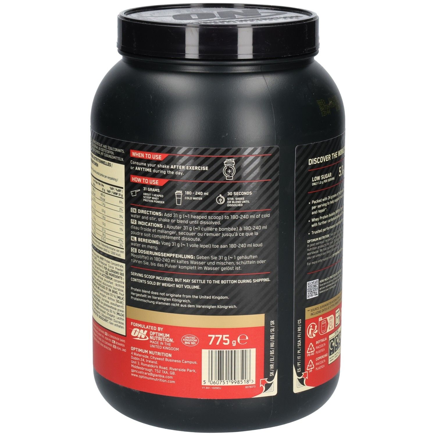 Rückseite der schwarzen Dose Gold Standard 100% Whey Protein. Enthält Anweisungen zur Verwendung und Nährwertangaben.