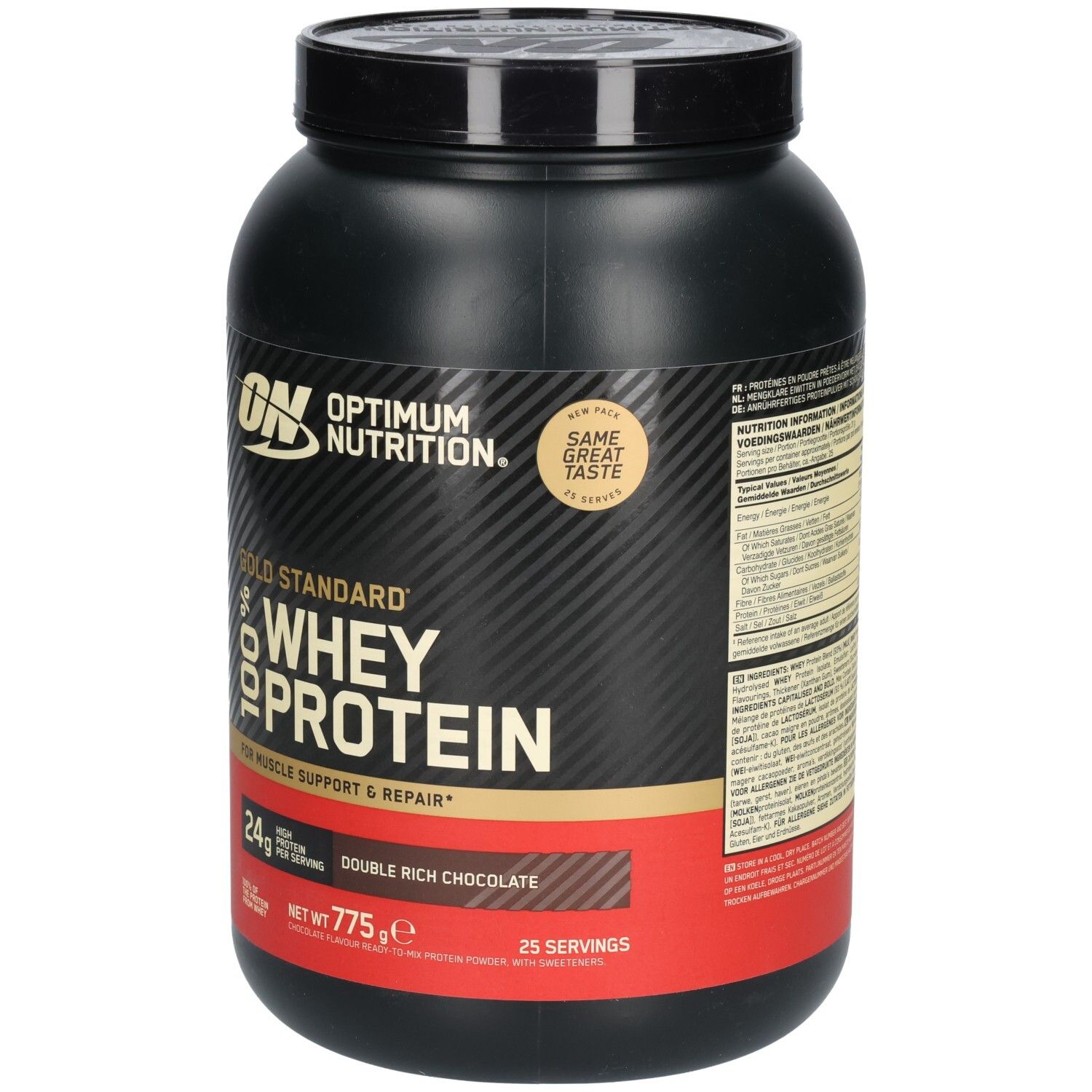 Schwarze Dose Gold Standard 100% Whey Protein. Aufschrift: Double Rich Chocolate, 24g Protein, 775g, 25 Portionen.