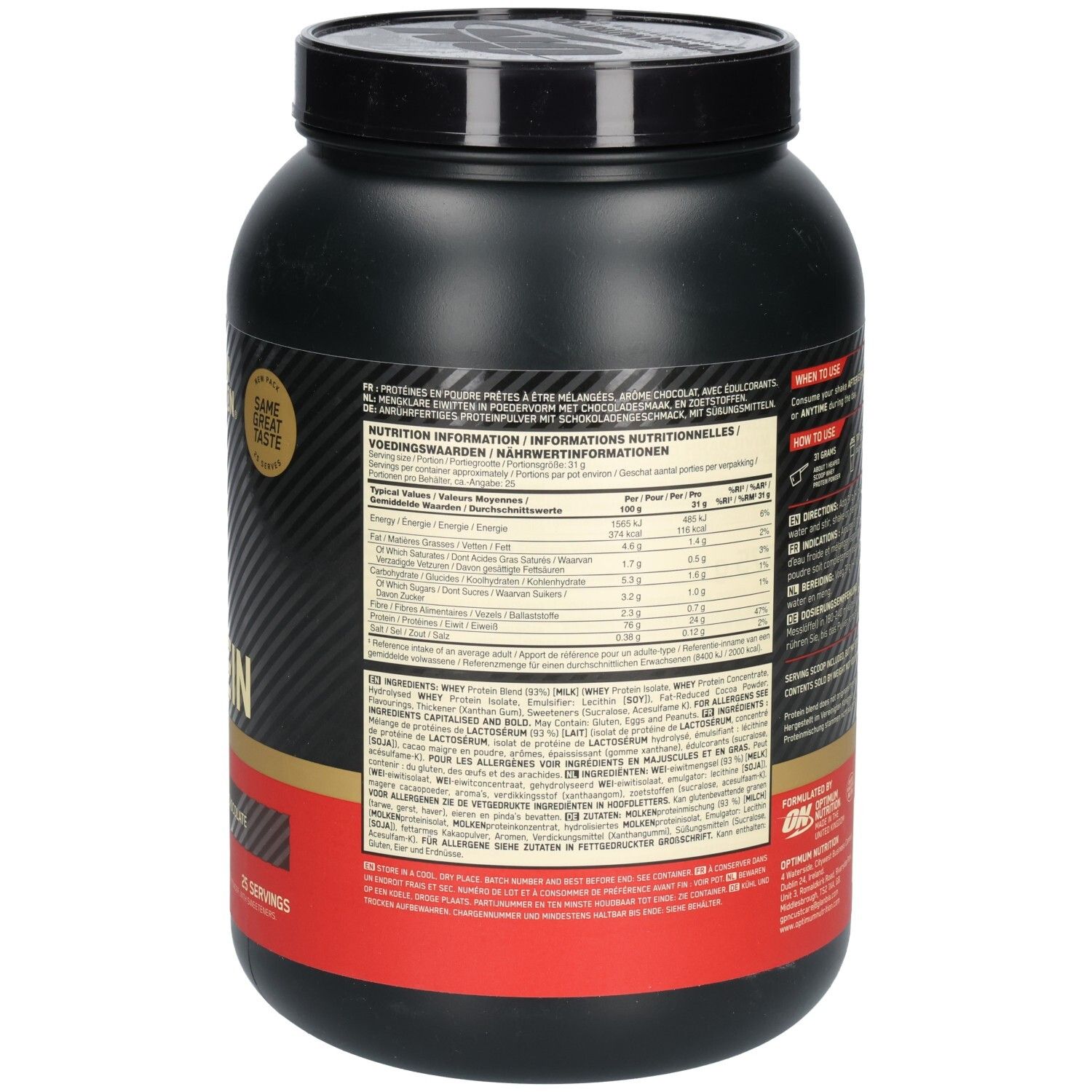 Rückseite der schwarzen Dose Gold Standard 100% Whey Protein. Enthält Nährwertinformationen und Zutatenlisten.