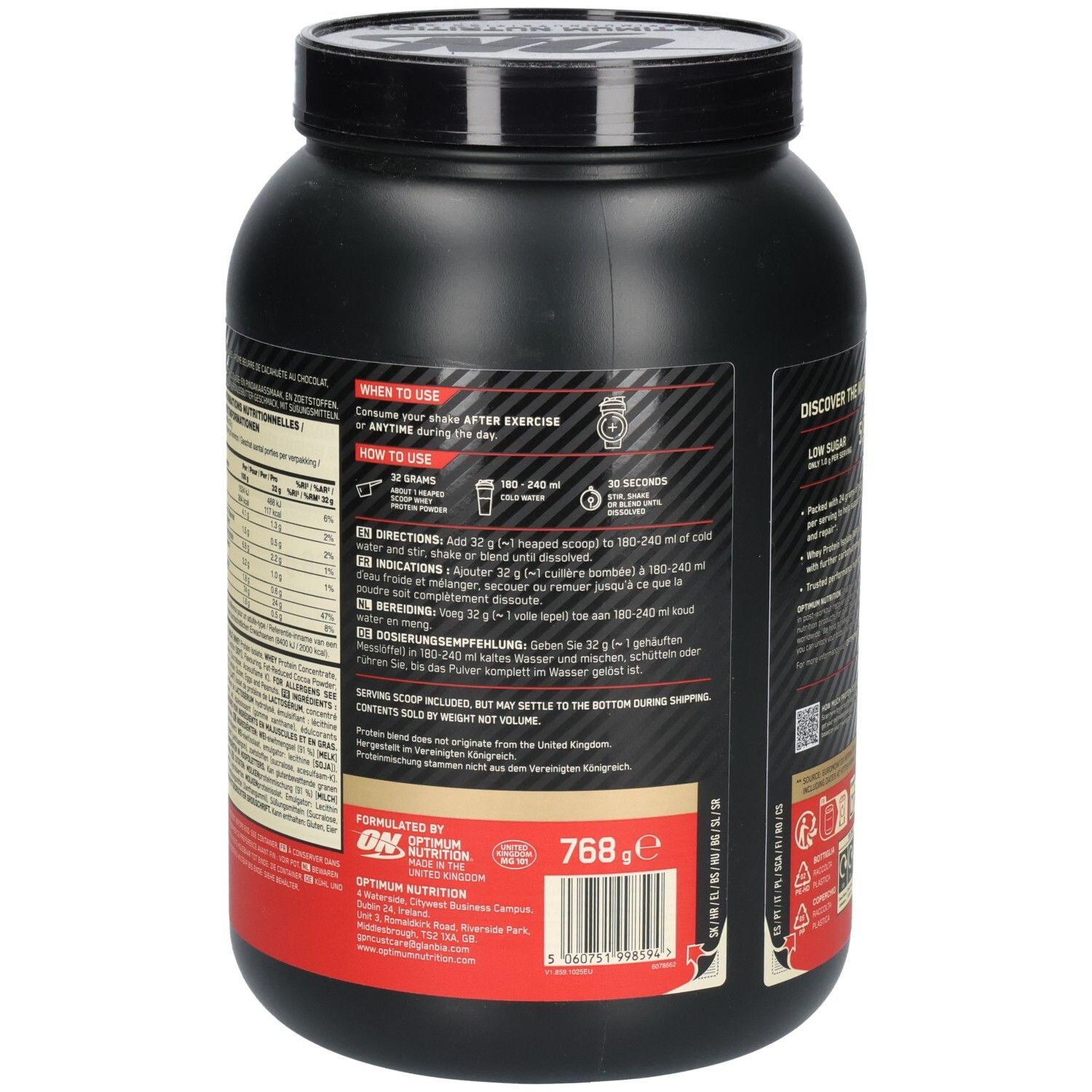 Rückseite der schwarzen Dose OPTIMUM NUTRITION® Gold Standard 100% Whey Protein. Anweisungen zur Verwendung und Nährwertangaben.