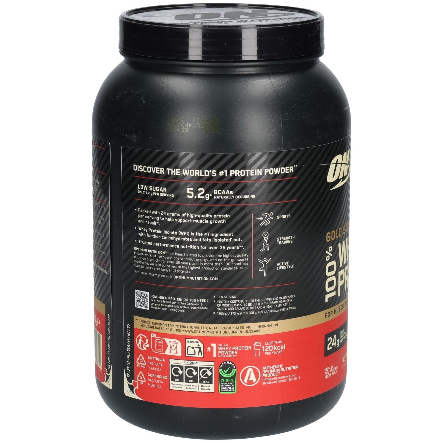 Rückseite der schwarzen Dose Optimum Nutrition Whey Protein. Text: #1 Protein Powder, Low Sugar, 5.2g BCAAs, etc.  Recycling-Symbole.