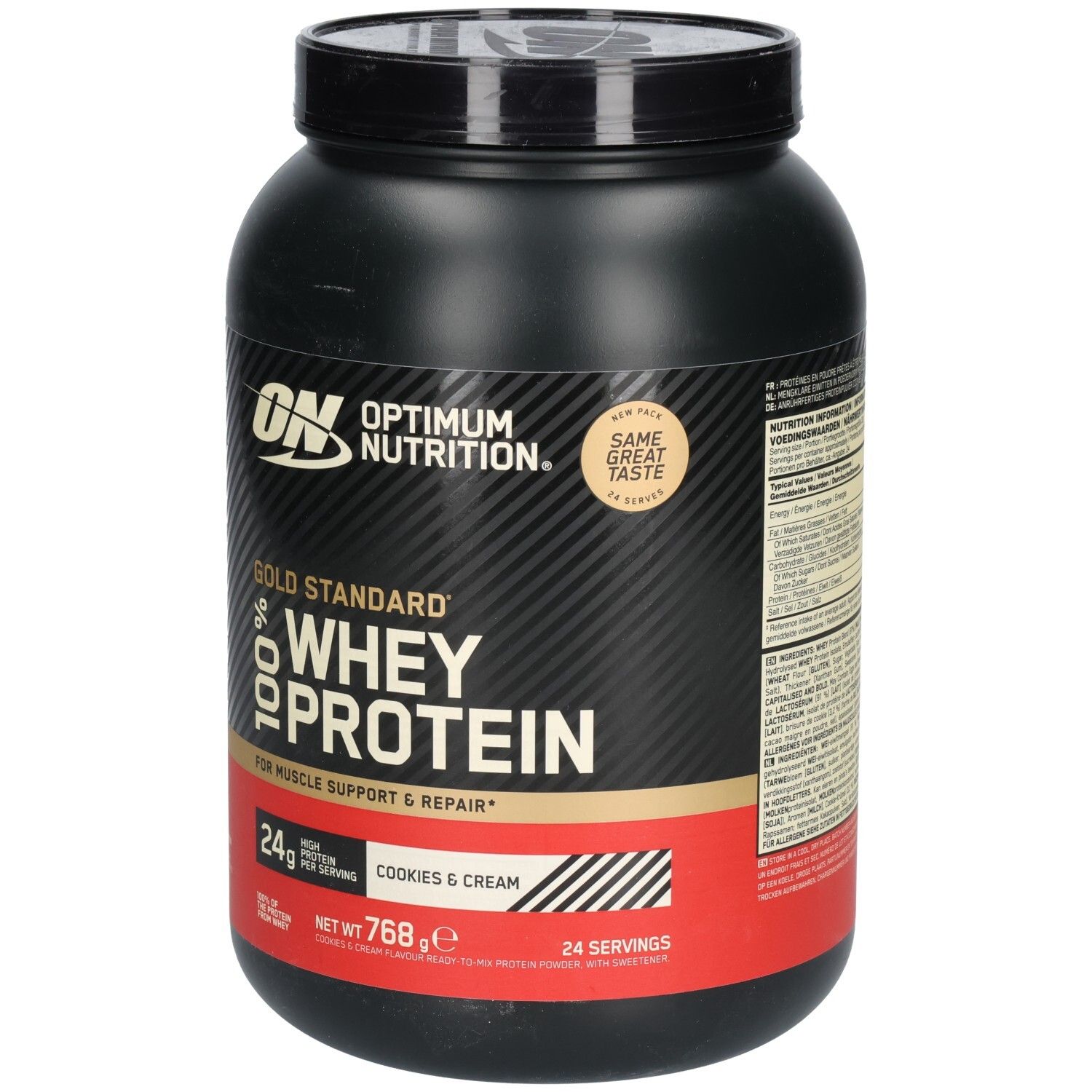Schwarze Dose Optimum Nutrition Whey Protein. Aufschrift: Gold Standard 100% Whey Protein, Cookies & Cream. 768g.  Neu: Same great taste.