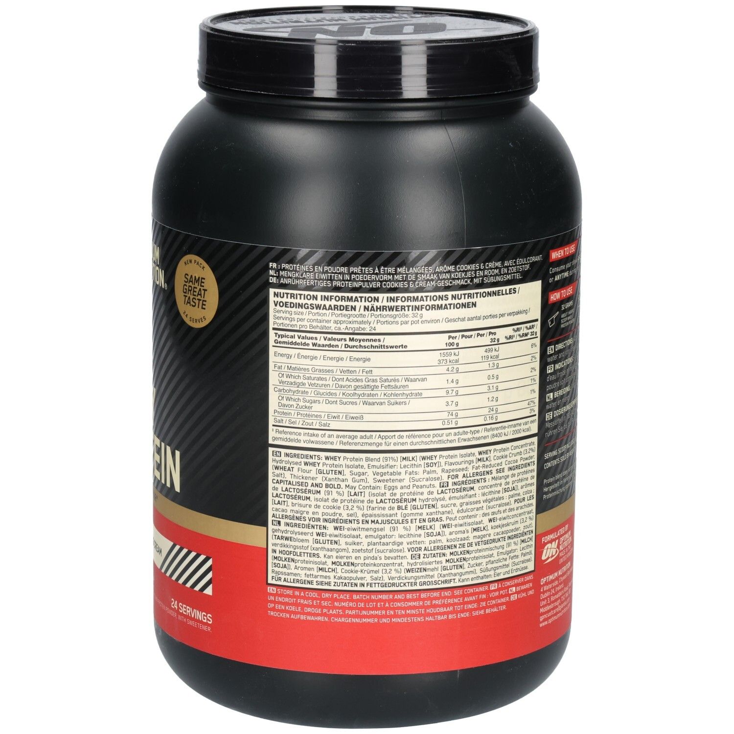 Rückseite der schwarzen Dose Optimum Nutrition Whey Protein. Text: Nutrition Information, Ingredients.  Nährwertangaben.