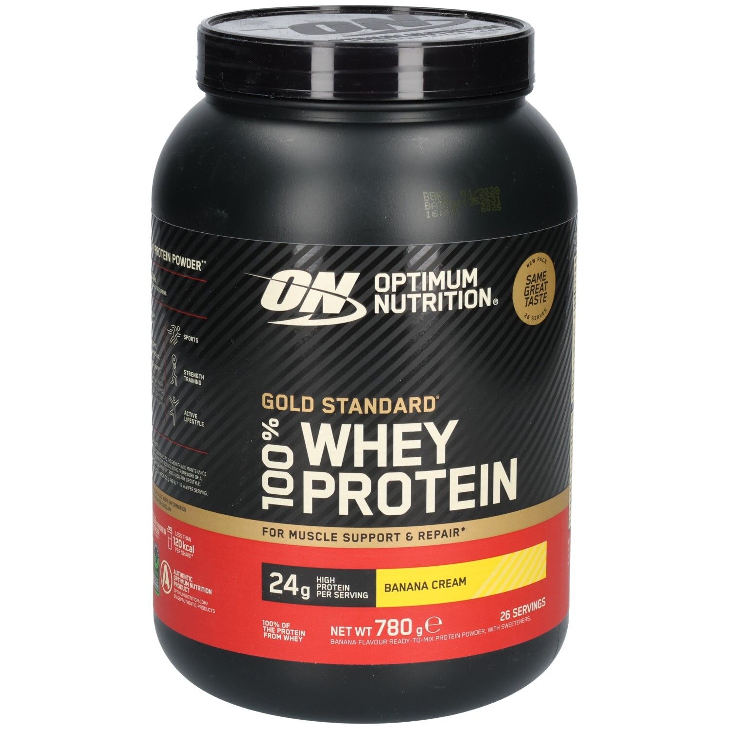 Schwarze Dose OPTIMUM NUTRITION Gold Standard 100% Whey Protein. Aufschrift: BANANA CREME, 24g Protein, 780g.