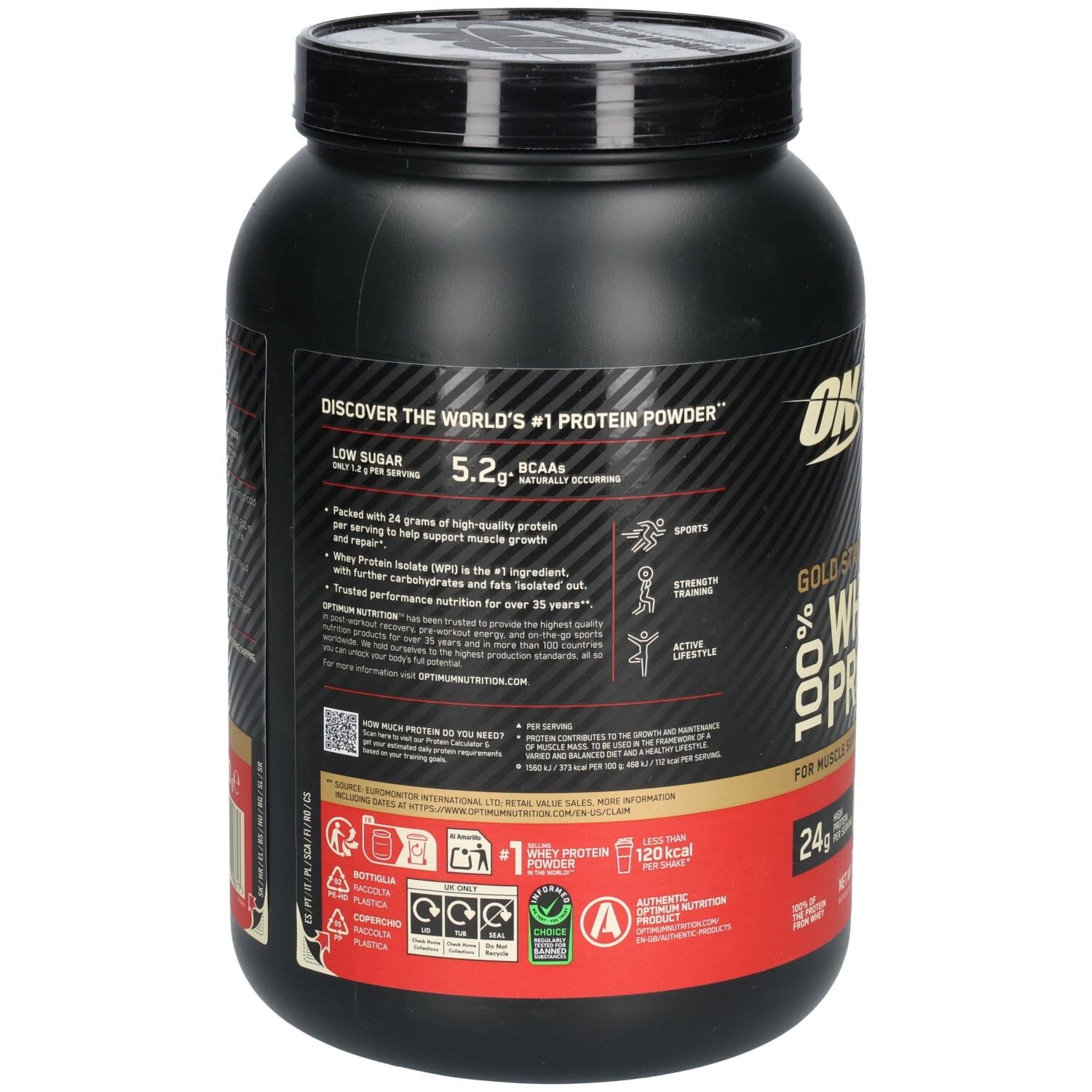 Rückseite der schwarzen Dose OPTIMUM NUTRITION Gold Standard 100% Whey Protein. Informationen zu Nährwerten und Inhaltsstoffen.