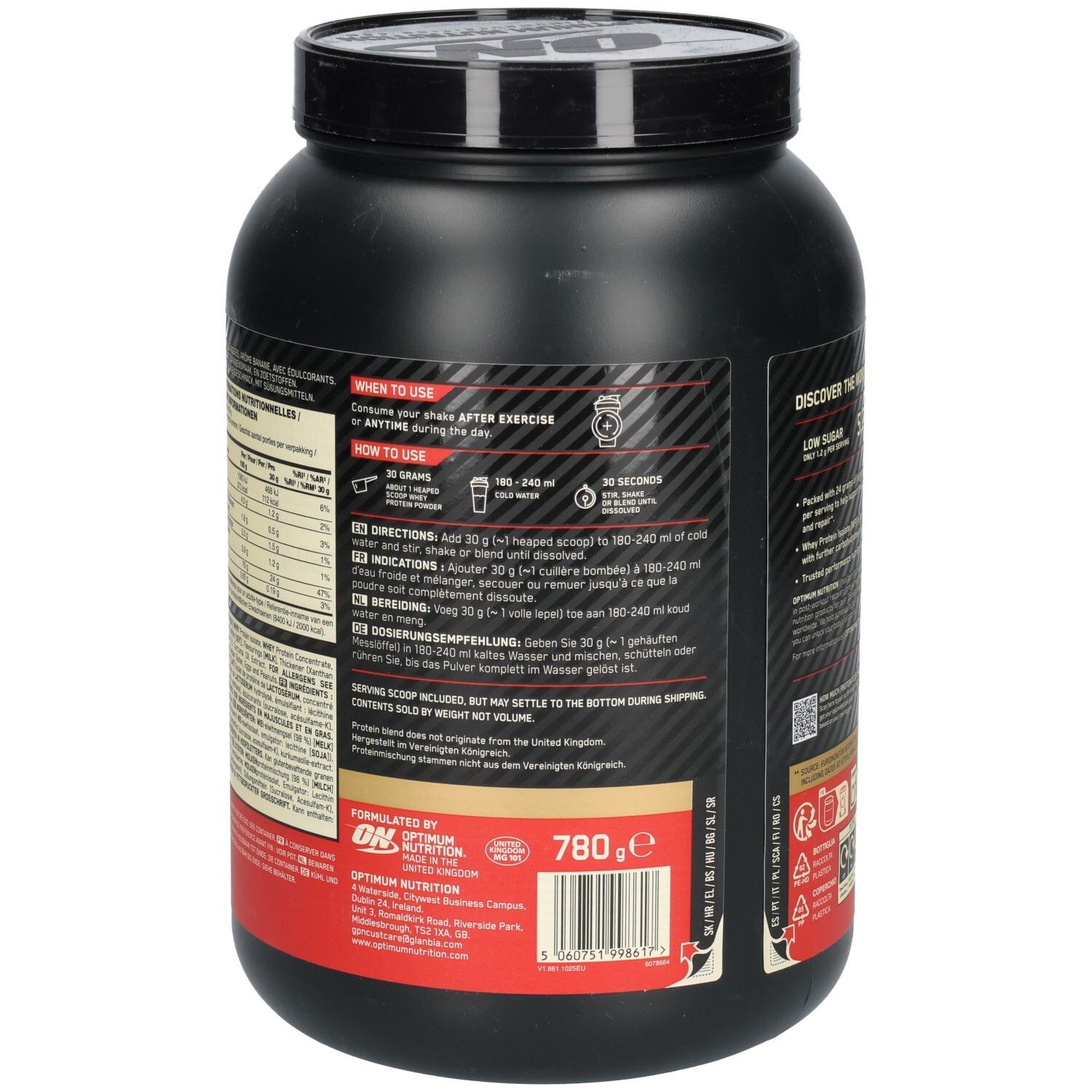 Rückseite der schwarzen Dose OPTIMUM NUTRITION Gold Standard 100% Whey Protein. Gebrauchsanweisung und Nährwertangaben.