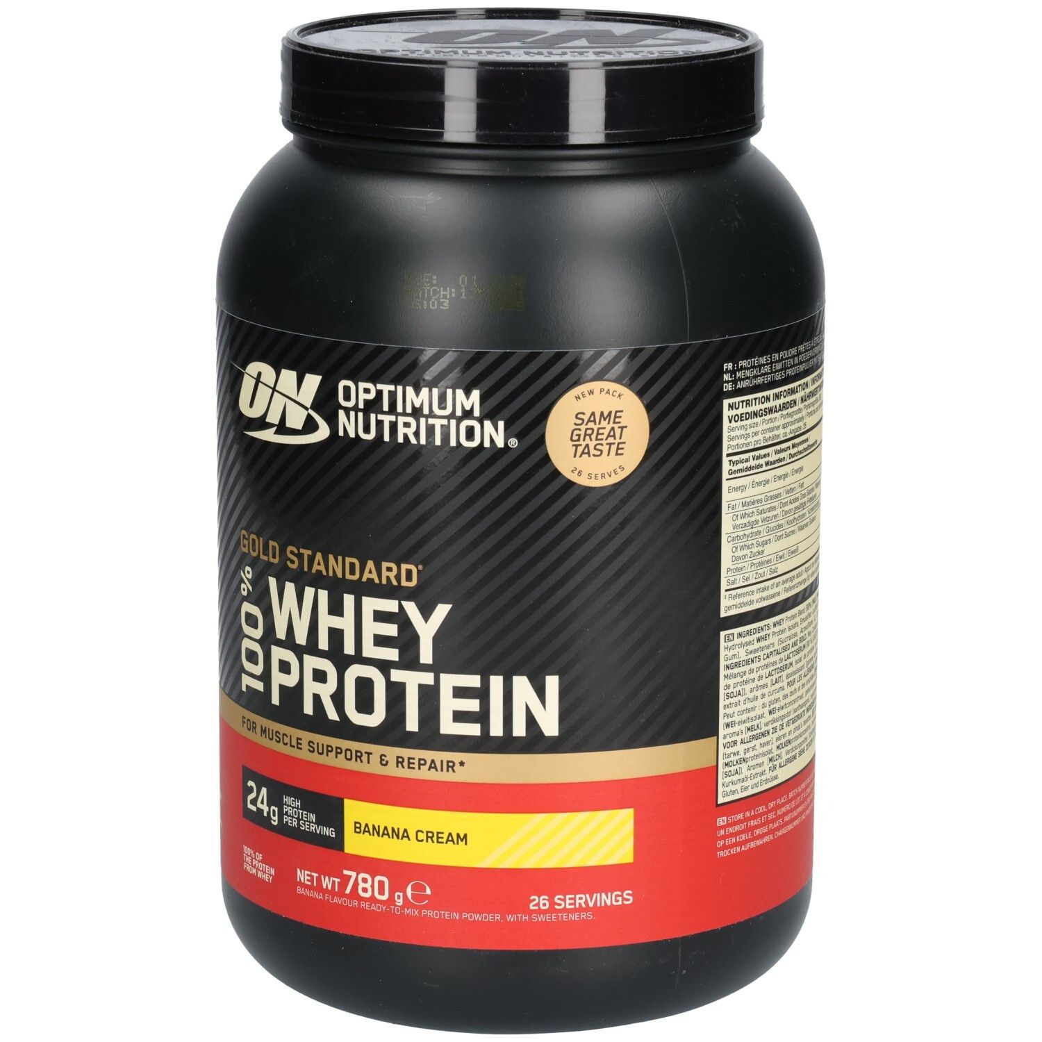 Schwarze Dose OPTIMUM NUTRITION Gold Standard 100% Whey Protein. Aufschrift: BANANA CREME, 24g Protein, 780g.