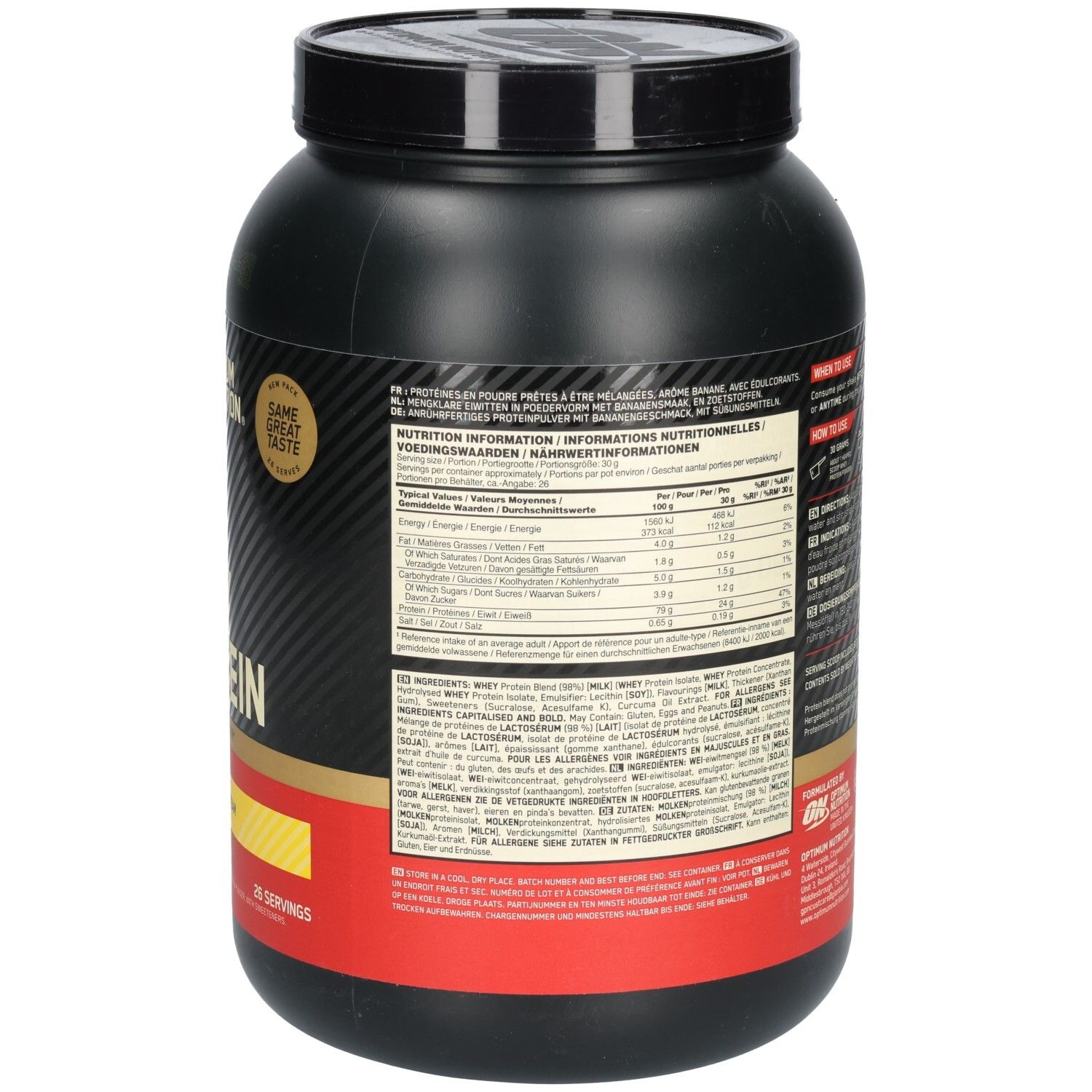 Rückseite der schwarzen Dose OPTIMUM NUTRITION Gold Standard 100% Whey Protein. Nährwertangaben und Inhaltsstoffe.