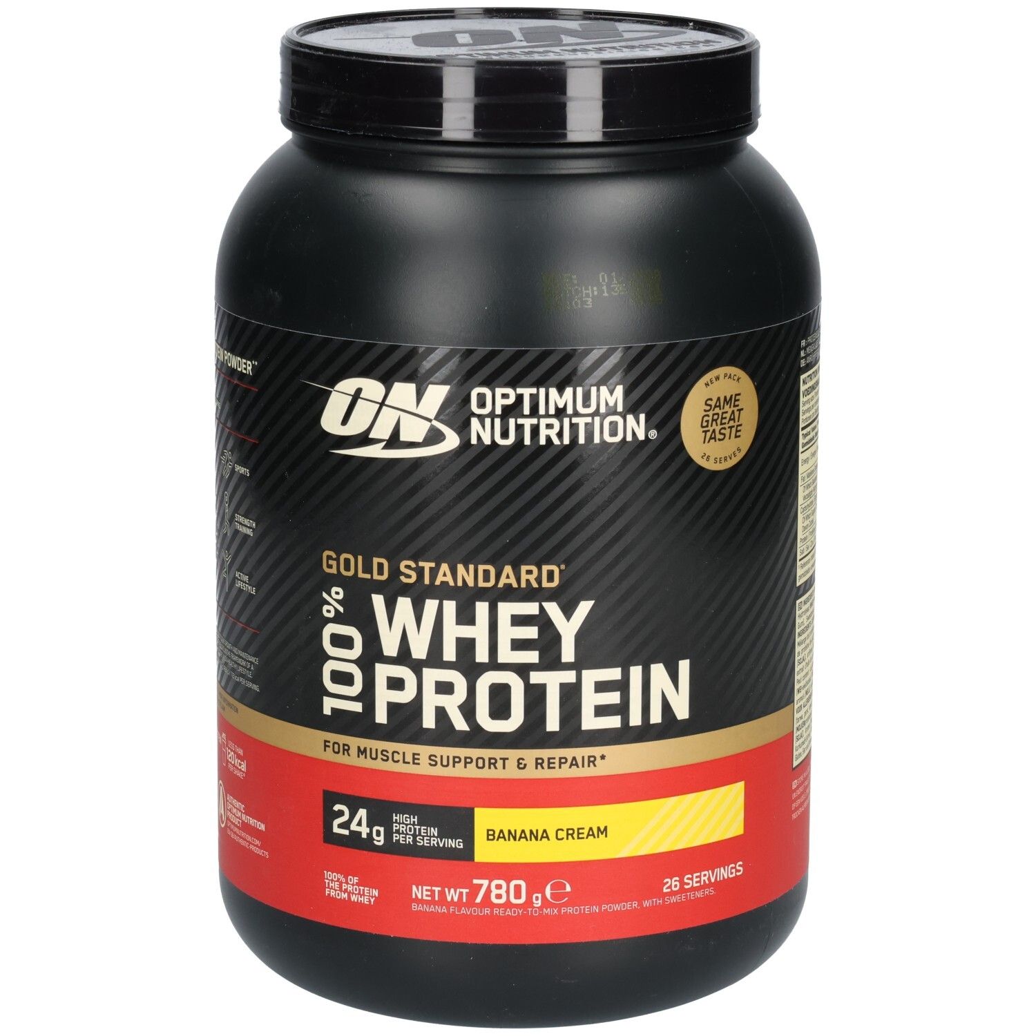 Schwarze Dose OPTIMUM NUTRITION Gold Standard 100% Whey Protein. Aufschrift: BANANA CREME, 24g Protein, 780g.