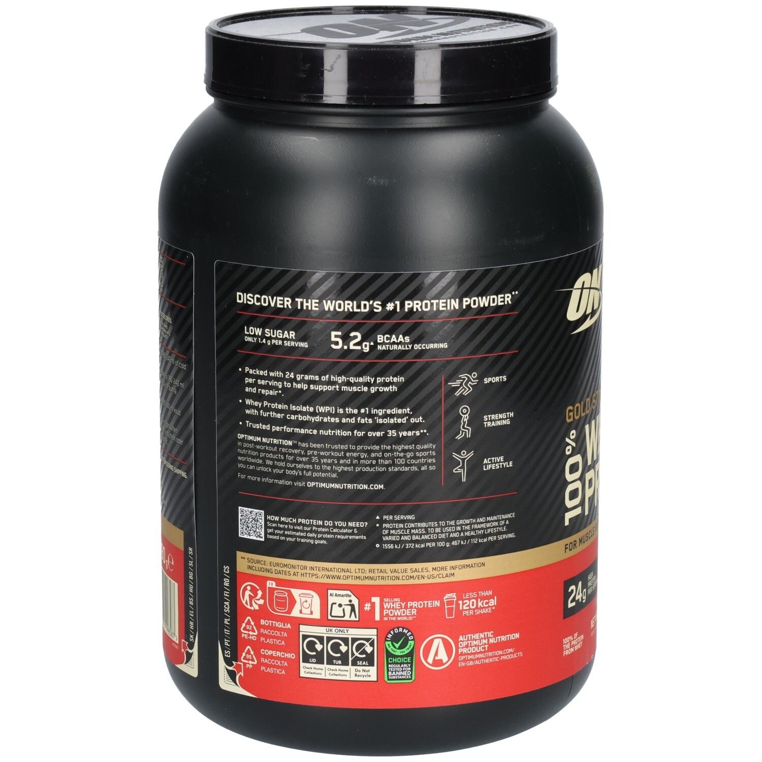 Rückseite der schwarzen Dose. Text: Discover the world's #1 Protein Powder. Informationen zu Nährwerten und Inhaltsstoffen.