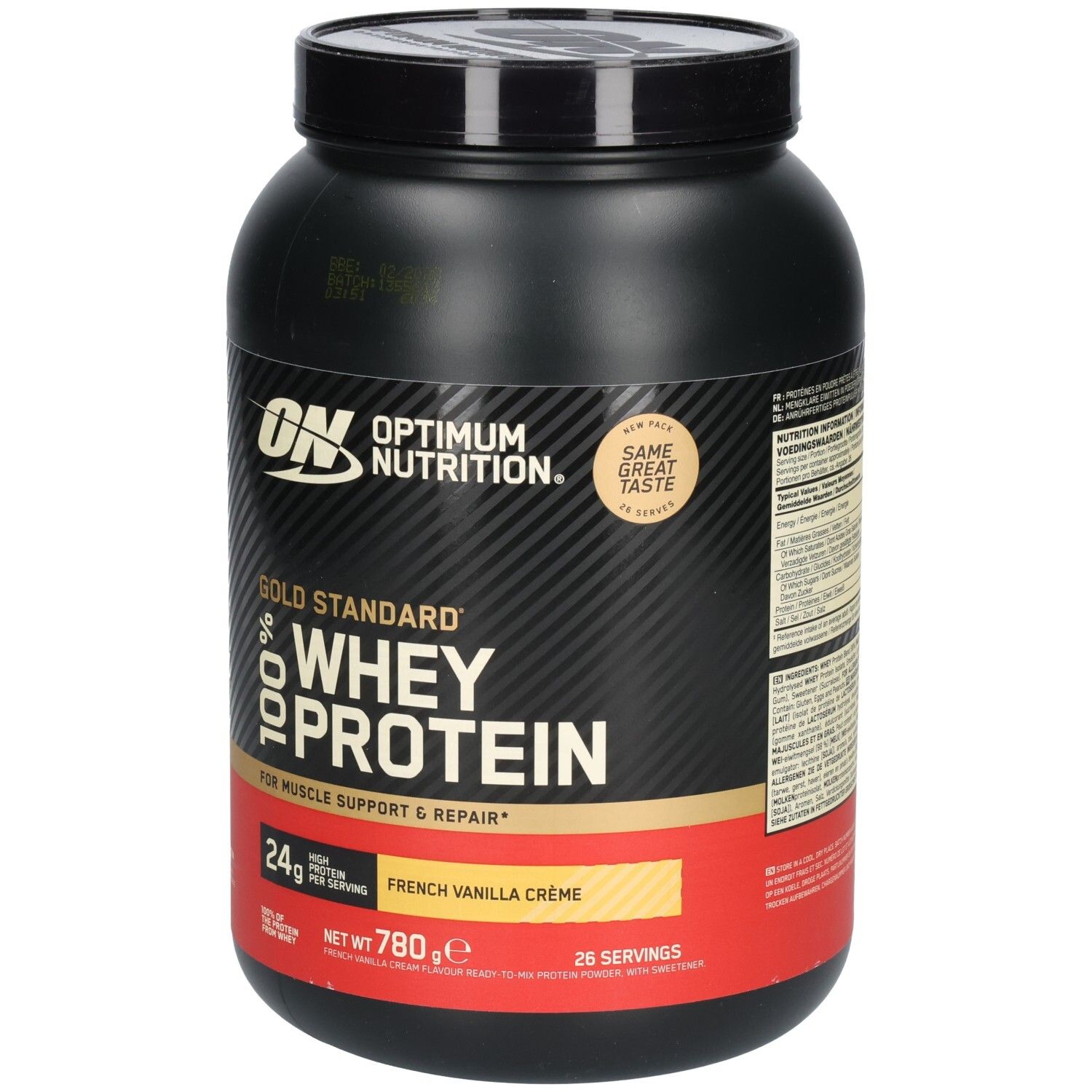 Schwarze Dose mit ON-Logo und Gold Standard 100% Whey Protein. Aufschrift: French Vanilla Crème, 780g, 24g Protein pro Portion.