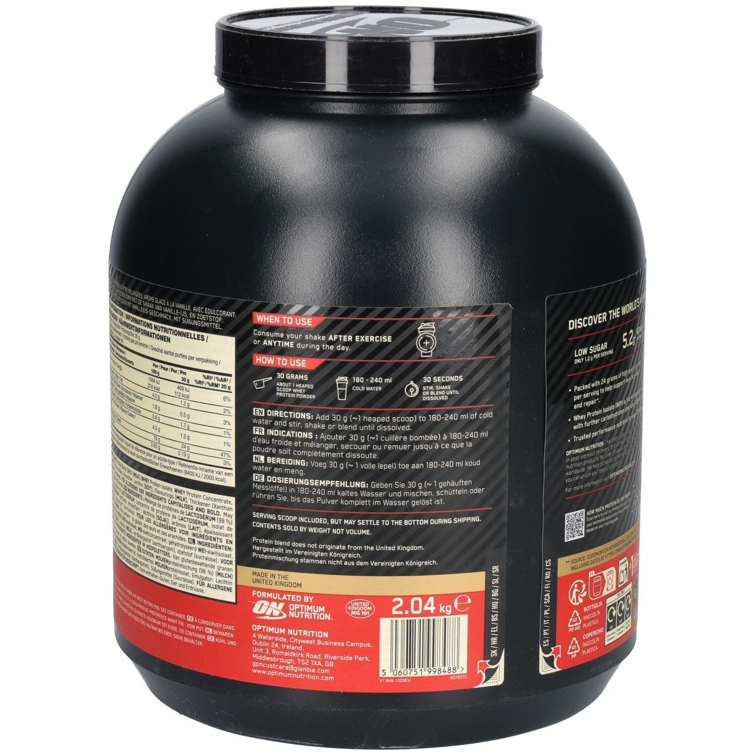 Rückseite der schwarzen Dose. Text mit Nährwertangaben und Informationen. Gold Standard 100% Whey Protein.