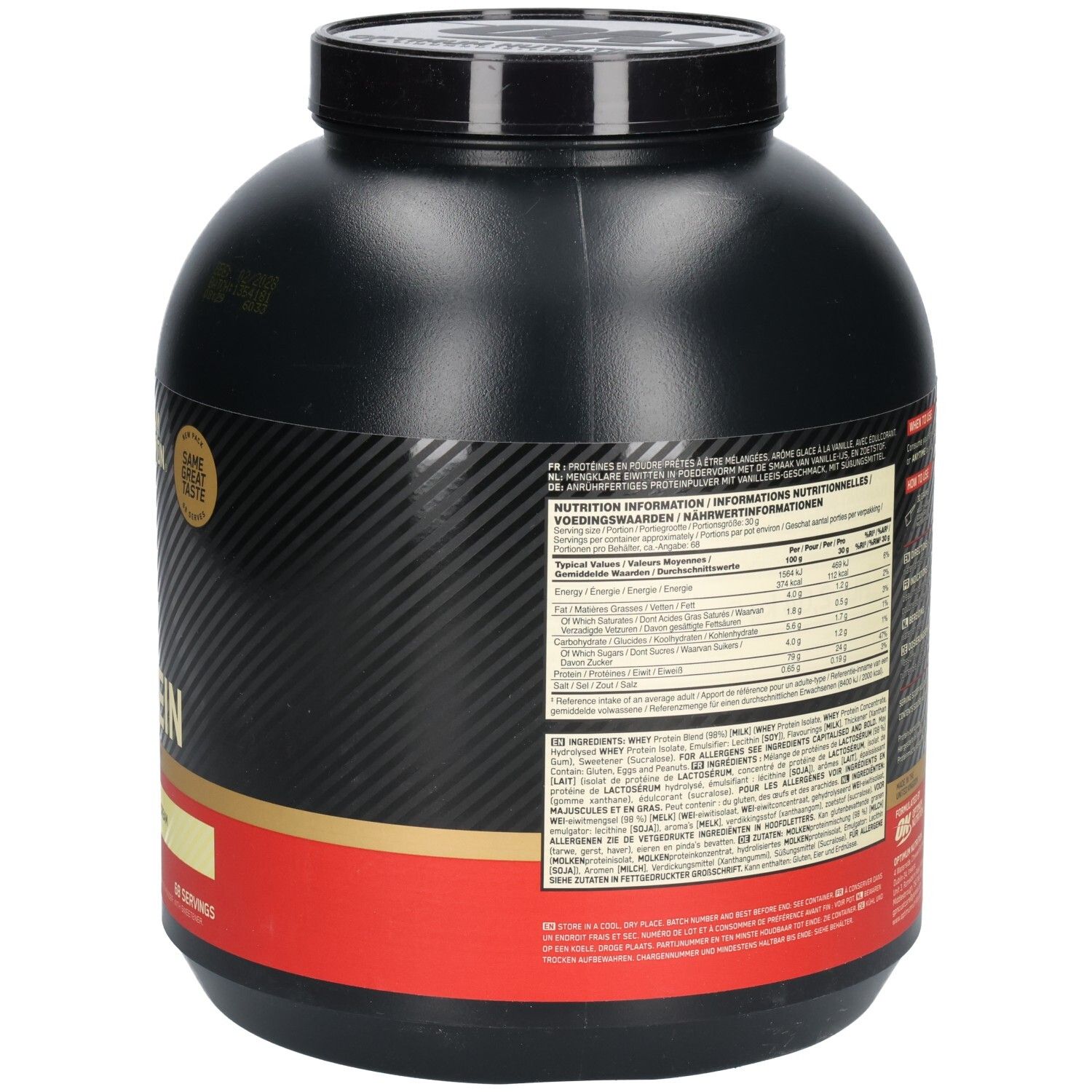 Rückseite der schwarzen Dose. Text mit Nährwertangaben und Informationen. Gold Standard 100% Whey Protein.