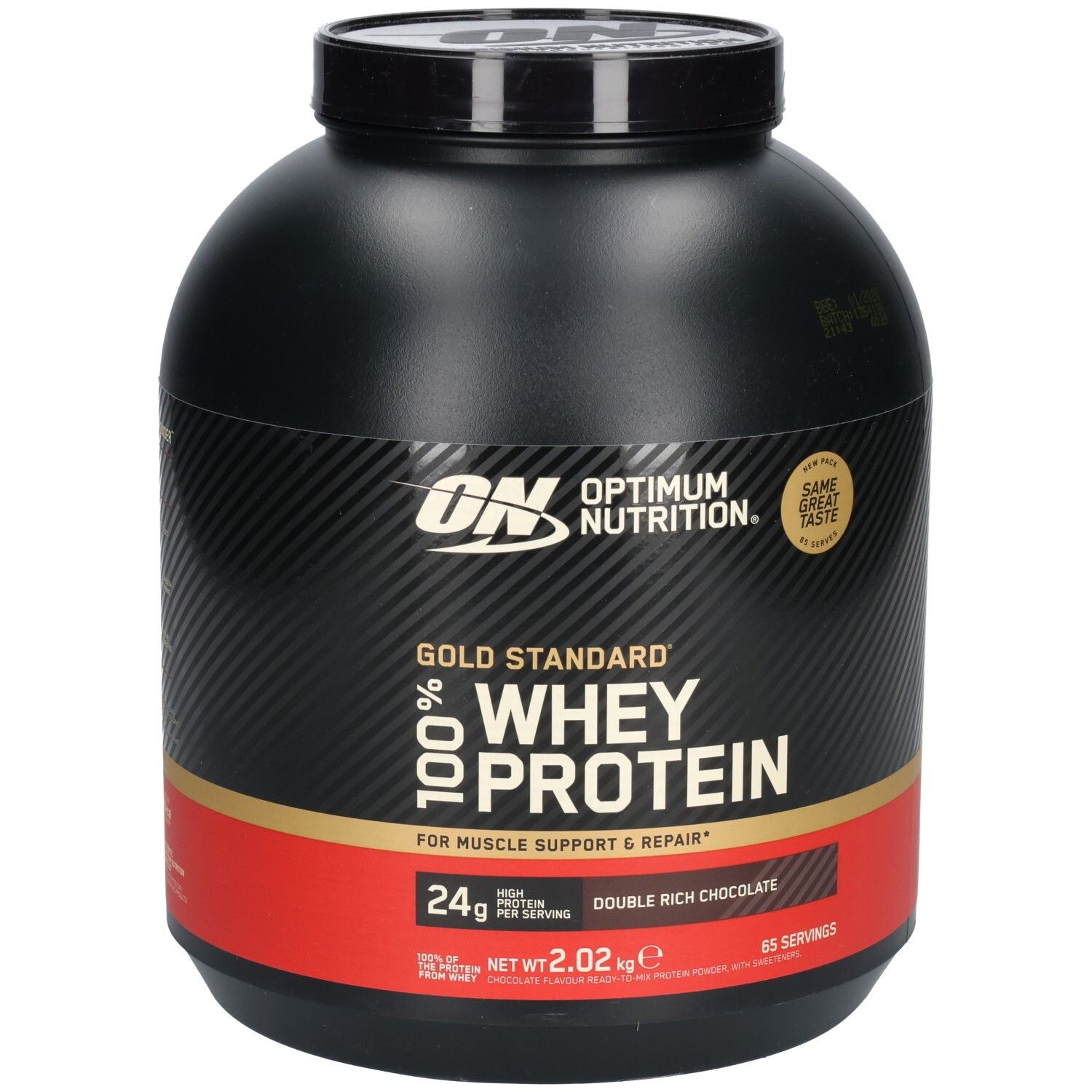 Schwarzer Behälter mit goldener und roter Beschriftung. Enthält Whey Protein. Marke: Optimum Nutrition.