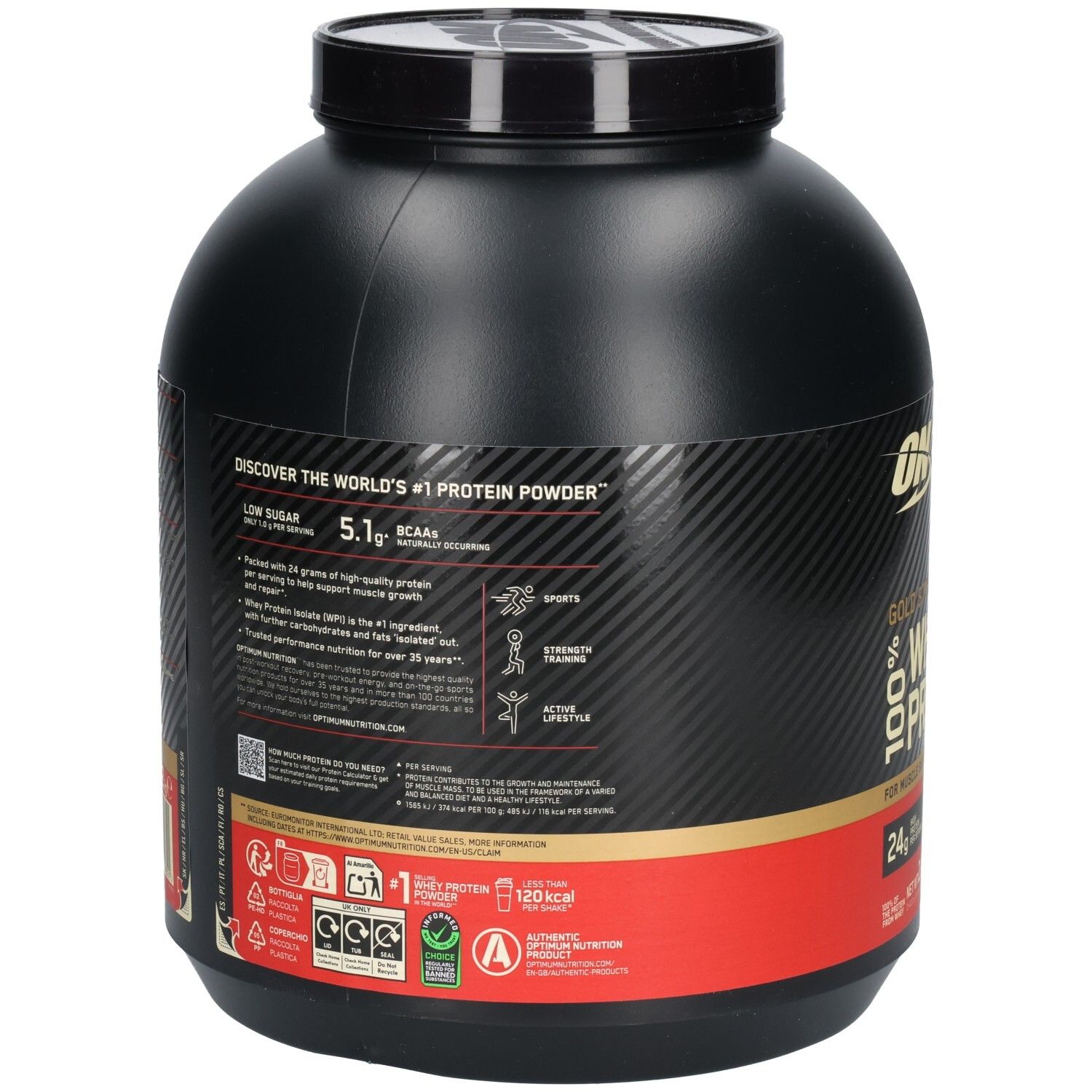 Rückseite des schwarzen Behälters. Enthält Informationen über das Produkt und Nährwertangaben.